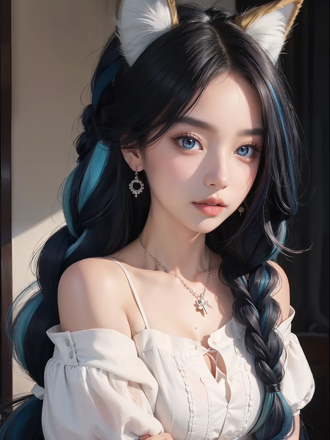 Masterpiece, Best quality, high resolution, (Black draft: 1.4), [glitters], [looking at viewert, Portrait, 1 sweet Chinese girl], (Long hair, Blue hair, Wavy curly hair, Big multicolored twisted braids: 1.3, fluffy fox ears, Air bangs), White off-the-shoulder short sleeves, Delicate facial features, Pink lips, Earrings, necklace