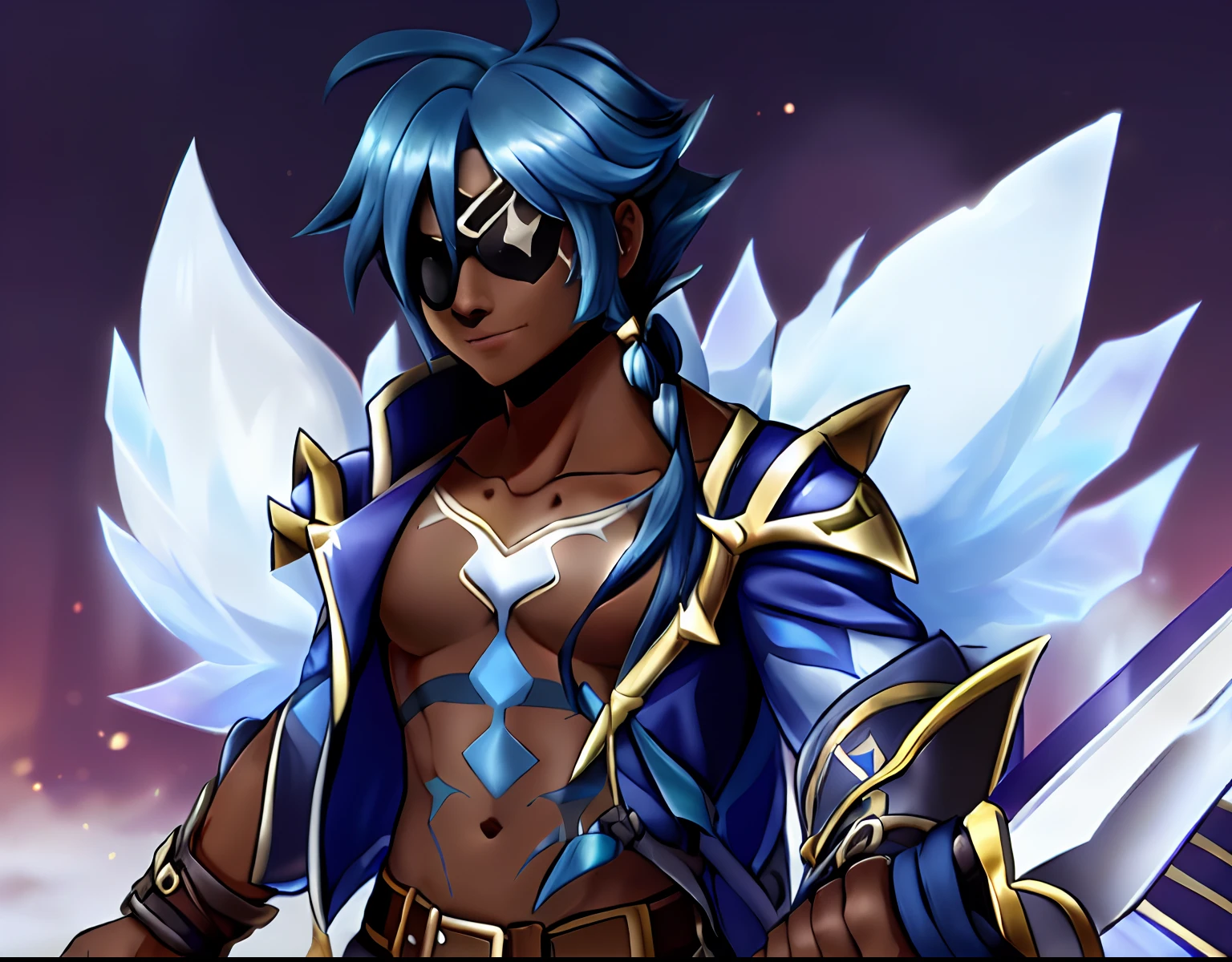 a close up of a ((dark Skin:1.6)) ((masculine )) (sakuyamon) like digimon \(creature\))) with ((long navy-Blue hair with light blue )) , ((Done in a Low hanging Ponytail)),Big ((fluffy white tail)), Ice Crystals in Gauntlets ,((Belt , Sword)) , Dynamic pose, Mid swing , expression( Smug), ((Eye patch)),(( Kaeya From Genshin impact as a Digimon)), ((white Fox mask with blue markings)),(( Blue open jacket)),((1boy Solo)), ((Masterpiece,High quality))