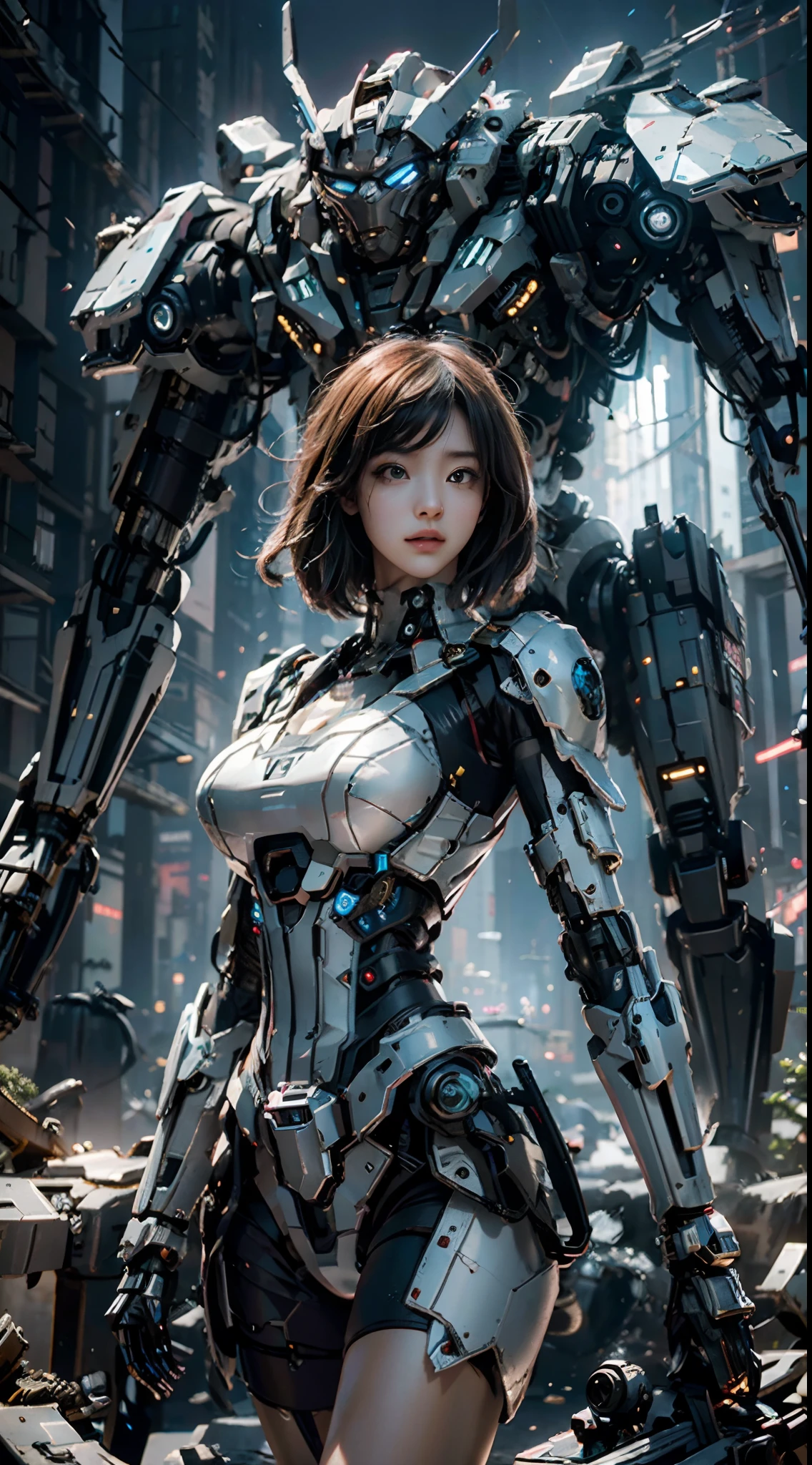 ((Best Quality)), ((Masterpiece)), (Very Detailed:1.3), 3D, Shitu-mecha, Beautiful cyberpunk woman with her pink mech in the ruins of a city in the forgotten war, Ancient technology, HDR (High Dynamic Range), ray tracing, NVIDIA RTX, super resolution, unreal 5, subsurface scattering, PBR texture, post-processing, anisotropic filtering, depth of field, maximum sharpness and sharpness, multi-layer texture, albedo and highlight maps, surface shading, Accurate simulation of light-material interactions, perfect proportions, octane rendering, duotone lighting, low ISO, white balance, rule of thirds, wide aperture, 8K RAW, high efficiency sub-pixels, subpixel convolution, luminous particles, light scattering, tyndall effect (whole body), (delicate facial features), (perfect face), dynamic angles.