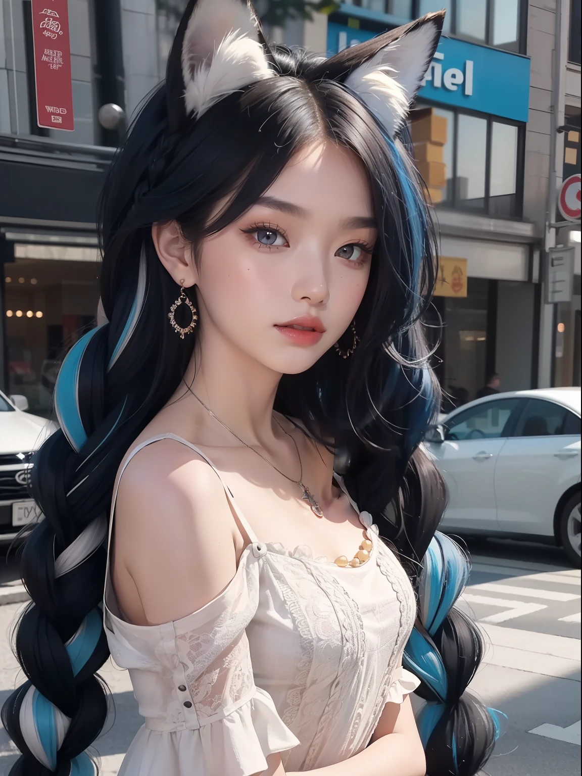 Masterpiece, Best quality, high resolution, (Black draft: 1.4), [glitters], [looking at viewert, Portrait, 1 sweet Chinese girl], (Long hair, Blue hair, Wavy curly hair, Big multicolored twisted braids: 1.3, fluffy fox ears, Air bangs), White off-the-shoulder short sleeves, Delicate facial features, Pink lips, Earrings, necklace
