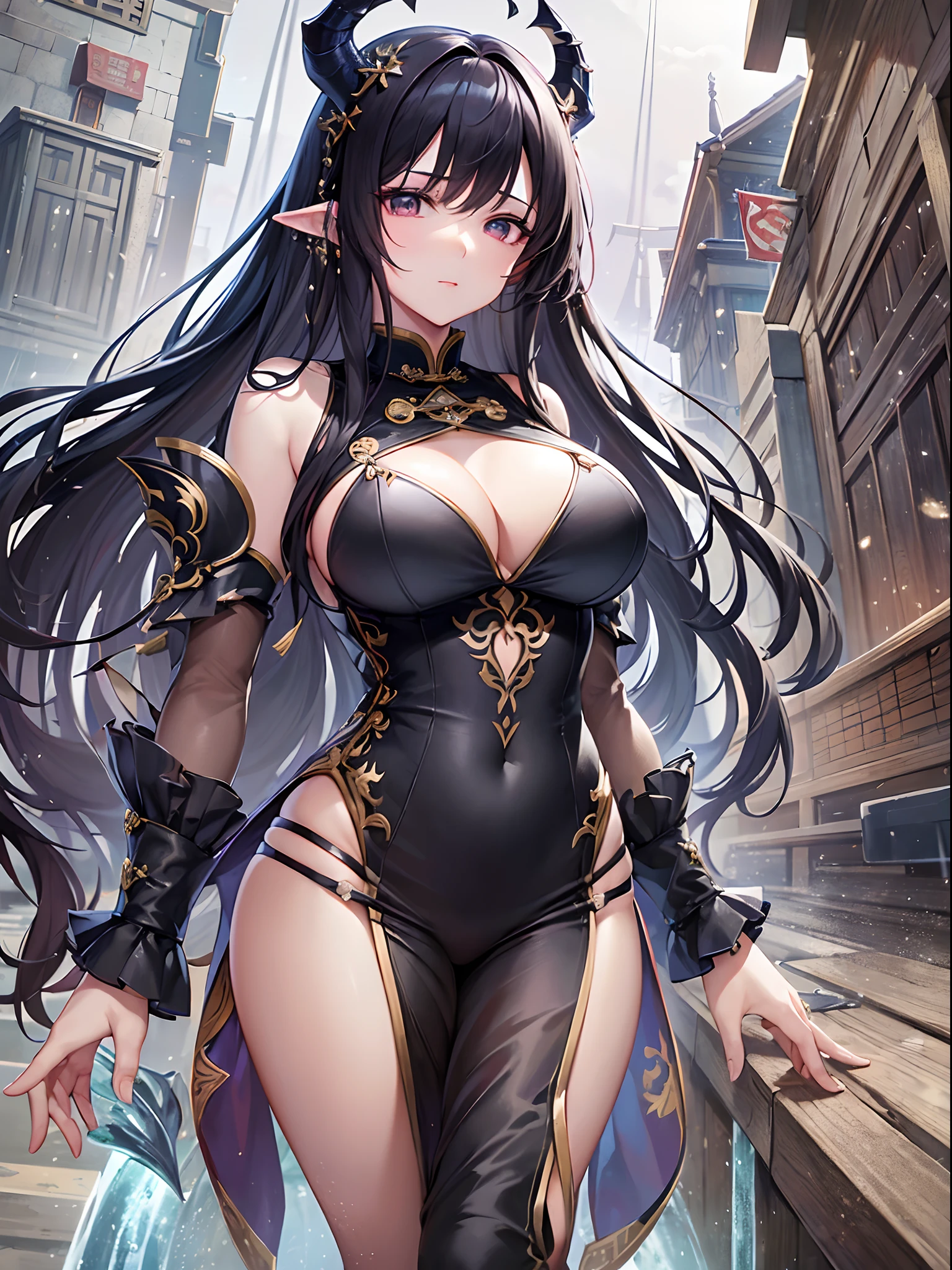 ((Finest quality)),(超A high resolution),(ultra-detailliert),((Best Anime)),sharpnes,Clair,Fantasy art with astounding depictions, In heavy rain:1.5, (1womanl),(Long jet-black hair),(Beautiful embroidered hu clothes),Dragon horns:1.2, Chinese style