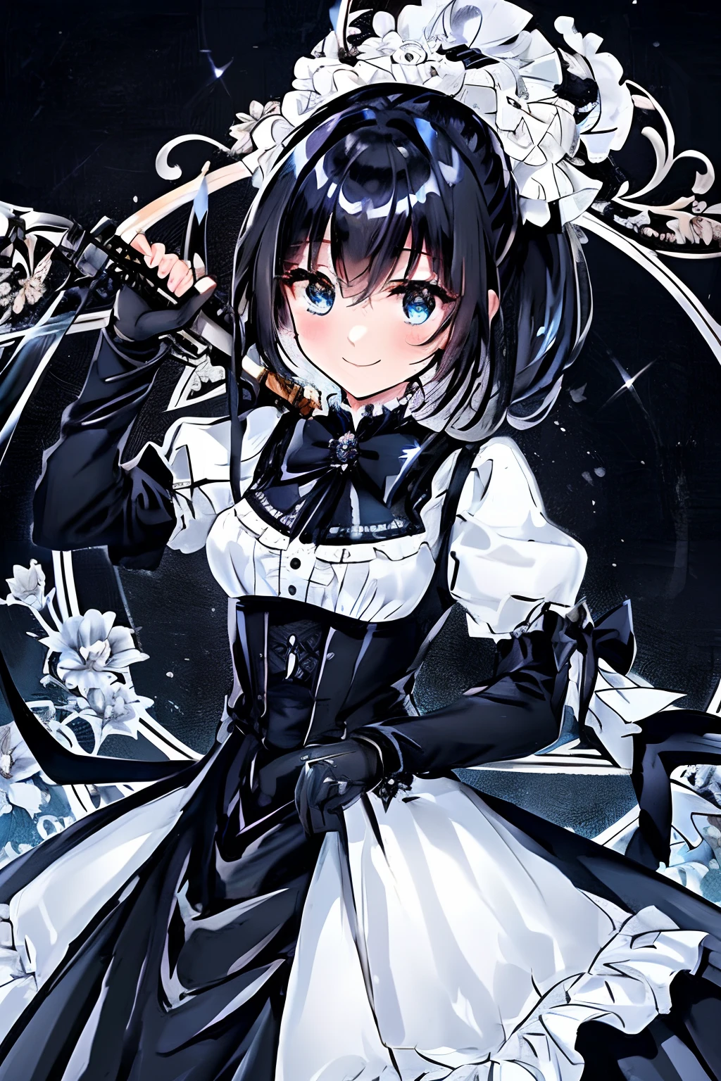 {{{finely detailed wallpaper best quality illustration}}} {{{Cool beautiful cute girl}}} {{{Face Focus}}} {Wearing a formal suit} {Face of the game} Glittering blue eyes {{{Dynamic poses with swords}}} Smile Flame {{{ Silver Hair Twin Tail Hair }}} {{particle lighting}} {Detailed Black Victorian Dress Gloves } Motion blur staring at the viewer, {{{{{Hand holding a shining mechanical sword, Holding a shining mechanical sword in his hand}}}}}、a closeup:1.4