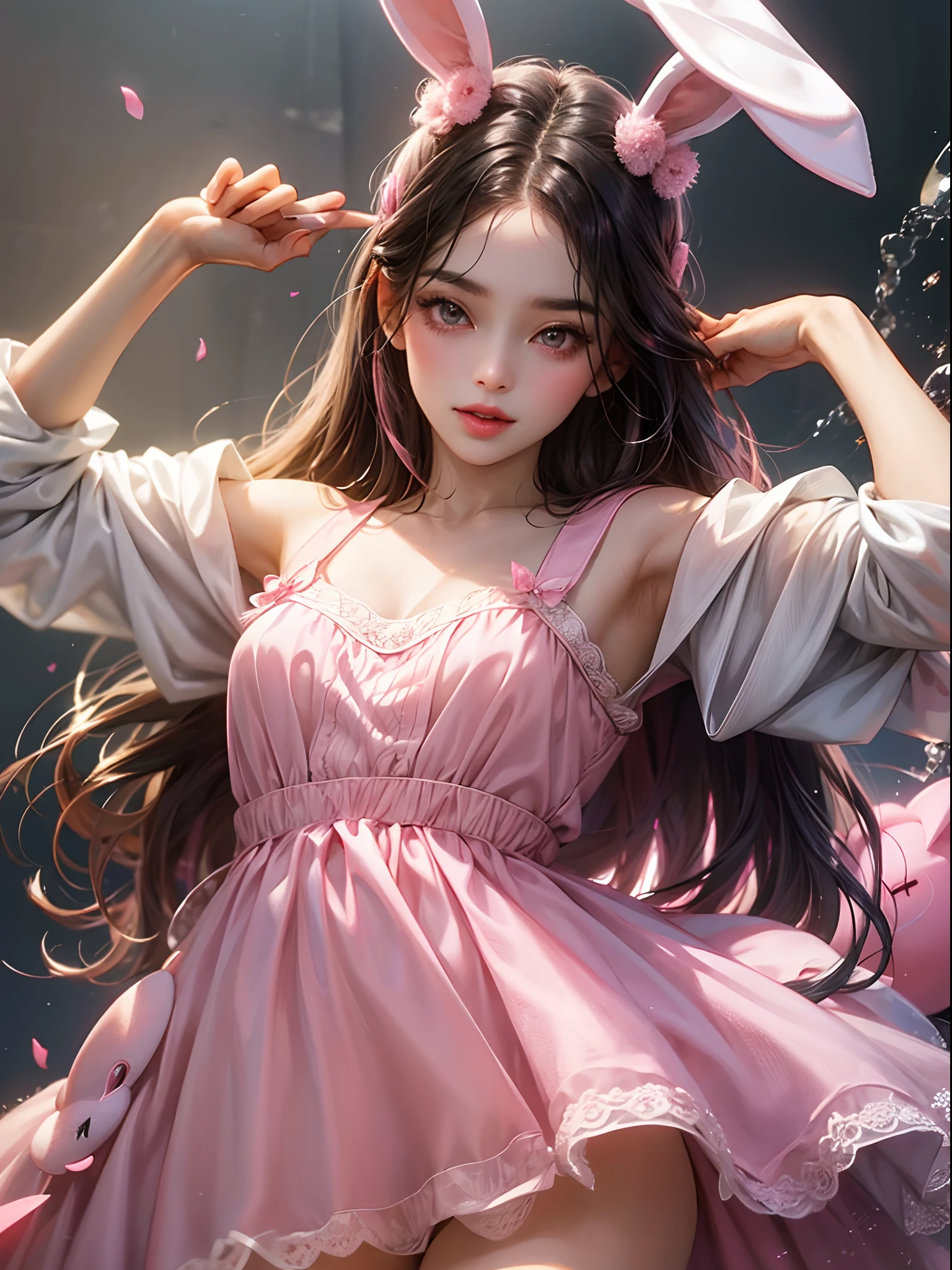 a women, pink bunny ears, black hair, pink eyes, pink dress
