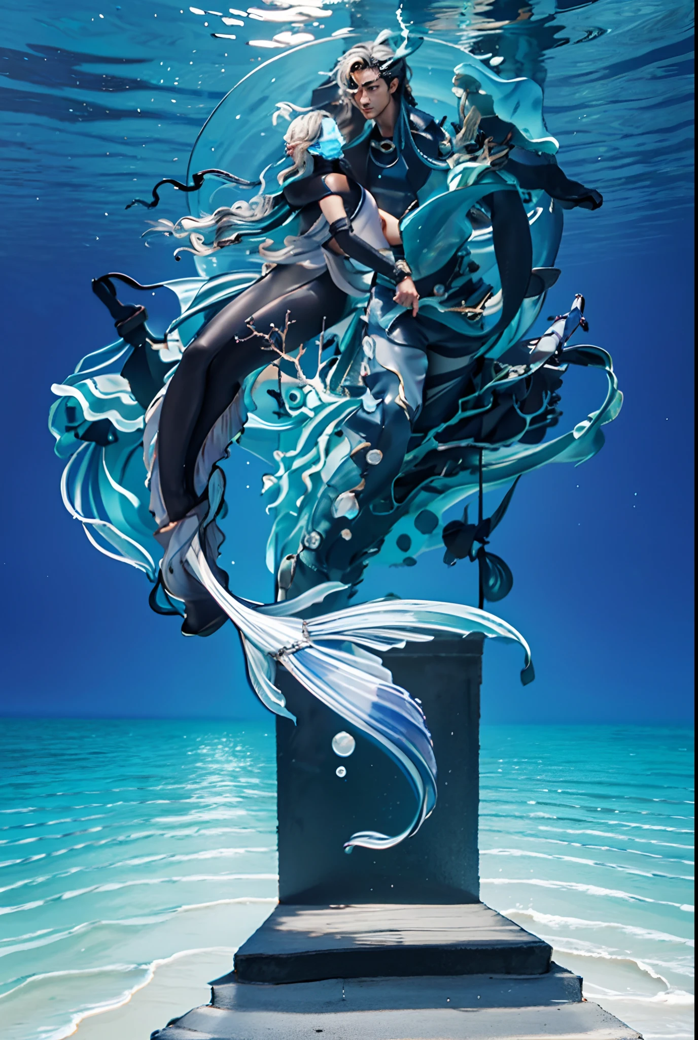 Sculpture design,Figures,GK model,male people,(The whole body of the character),Expose muscles,(sexy for),The mackerel swims out of the water with another person,There are a lot of transparent jellyfish around,elicate and refined,