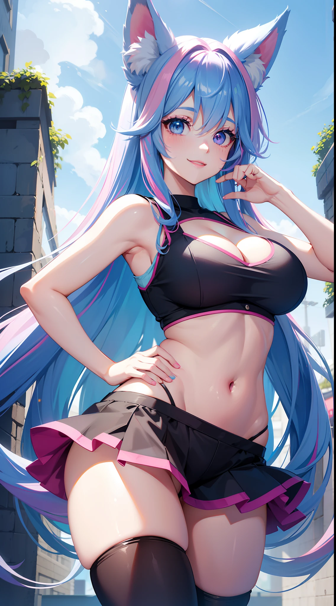 Grown-up Girl, fox ears, fox tails, Long blue hair with pink tips, Heterochromia, The left eye is blue, Right Eye Pink, Blue Eyeshadow, pink lipstick, black tanktop, upskirt, open belly, Pop Idol, huge breasts, Smile, Masterpiece, hiquality, 4k, HD, Good detail