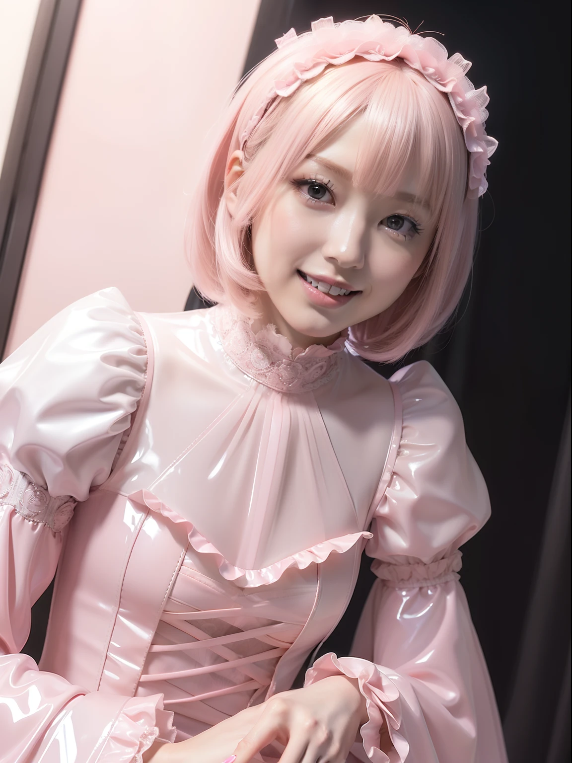 masutepiece,A hyper-realistic,32K,the Extremely Detailed CG Unity 8K Wallpapers, Best Quality,(beautiful japanese female),short-hair,((Light Pink Latex Gothic Lolita Gown)),turtle neck,Cramped dresses,Skin fit,(low angles), Flashy makeup,(Film Overlay:1.3),Mouth open,A smile,