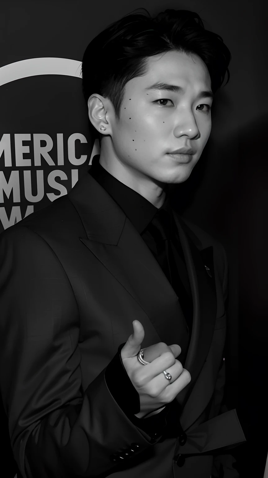 Asian man in suit and tie standing in front of a black and white photo, Jungkook, TaeJune Kim, taken in the early 2020s, Kim Doyoung, taken in the late 2010s, Yoongi de cabelos pretos, Cai Xukun, Jimin\'s right eyelid swollen, Hyung Tae, Jimin