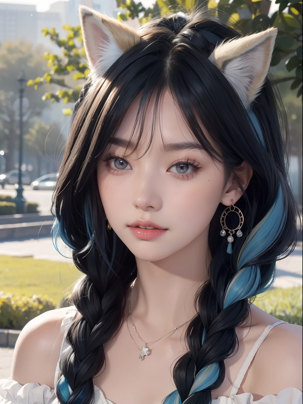 Masterpiece, Best quality, high resolution, (Black draft: 1.4), [glitters], [looking at viewert, Portrait, 1 sweet Chinese girl], (Long hair, Blue hair, Wavy curly hair, Big multicolored twisted braids: 1.3, fluffy fox ears, Air bangs), White off-the-shoulder short sleeves, Delicate facial features, Pink lips, Earrings, necklace
