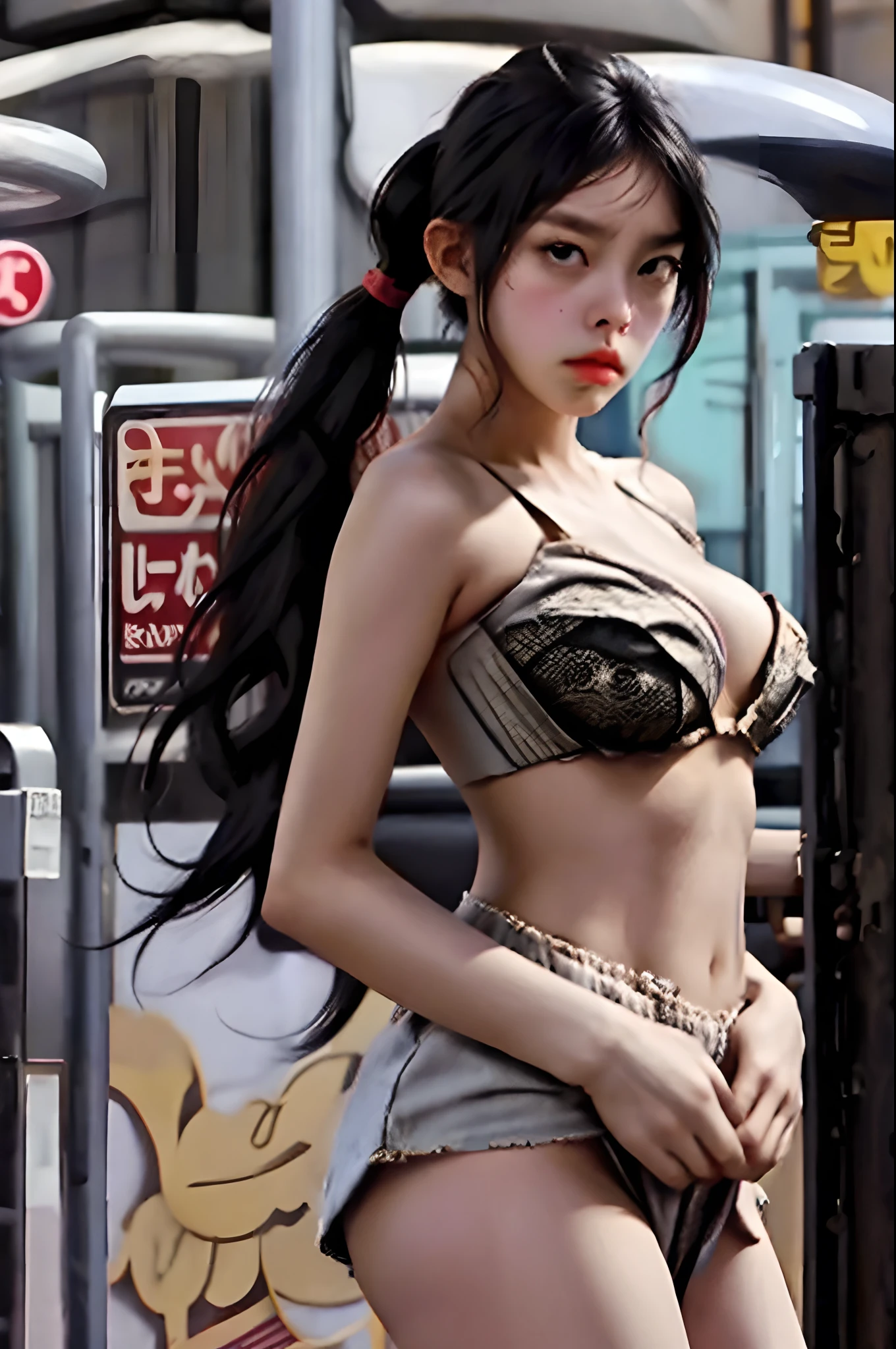 Asian, piss, big eyes, black hair, pigtails, stripper, naked, in public,really big breasts