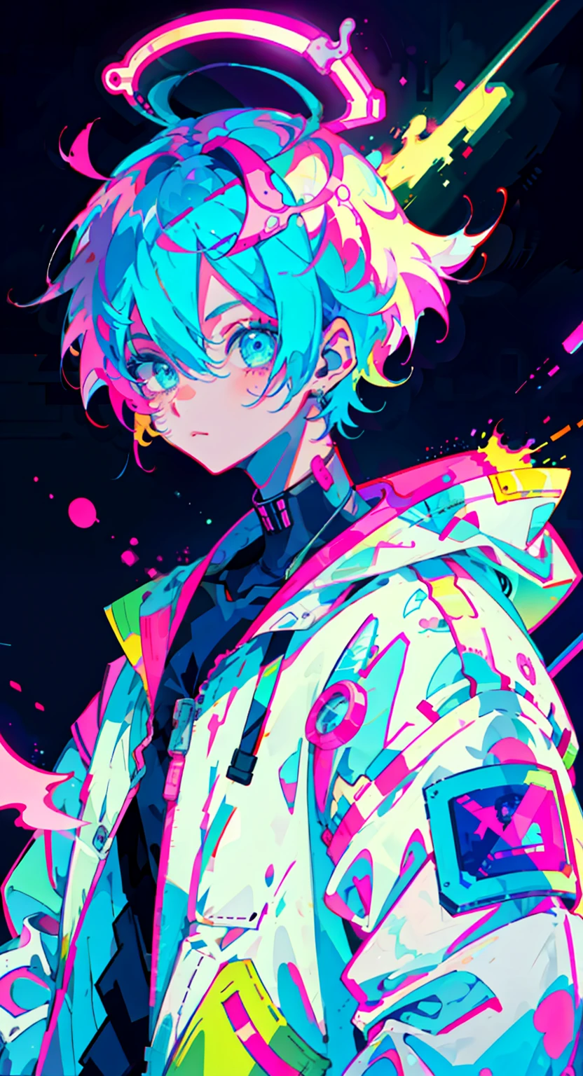 anime boy, wearing astronaut suit, neon blue hair, and pink colors, scars, stickers, neon style of whole shot, cool pose