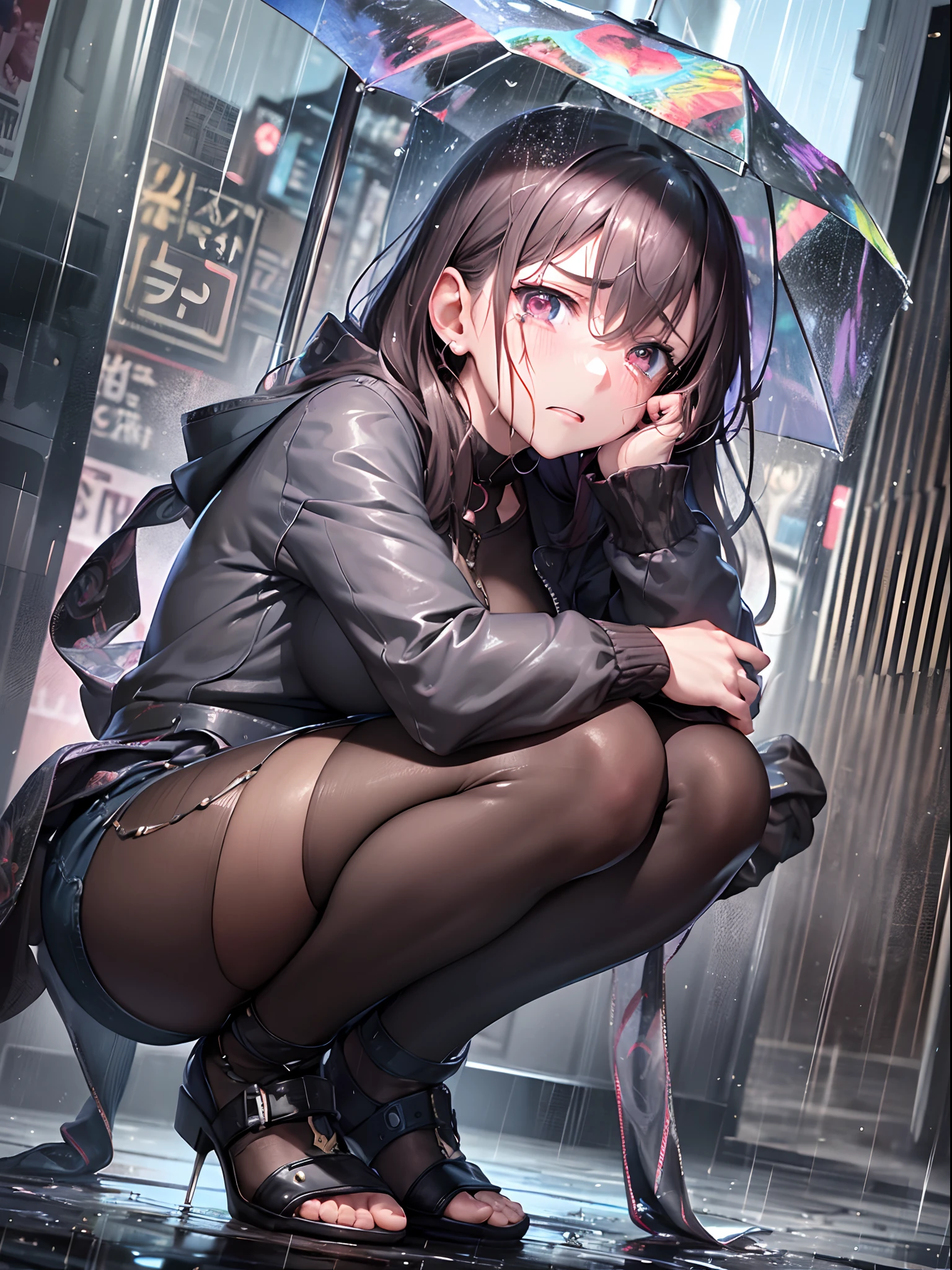 ((Finest quality)),(超A high resolution),(ultra-detailliert),((Best Anime)),sharpnes,Art with astounding depictions, In heavy rain:1.5, (Frightened and crouching woman),Frightened and tearful expression
