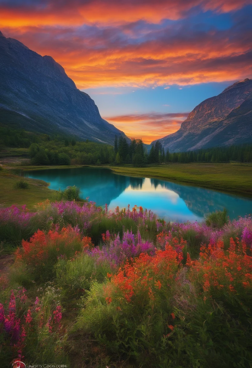 Random scenery with multiple colors landscape, insert bottom text "Happy Birthday To You"