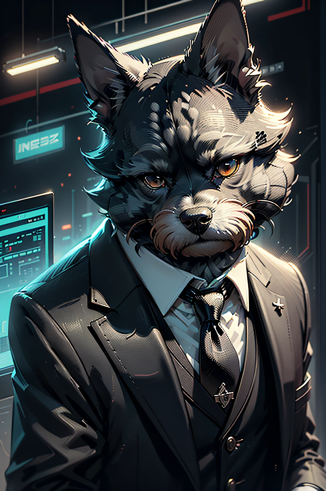 (Man in black suit and tie)comic strip、Anthropomorphic miniature schnauzer dog、cyberpunked