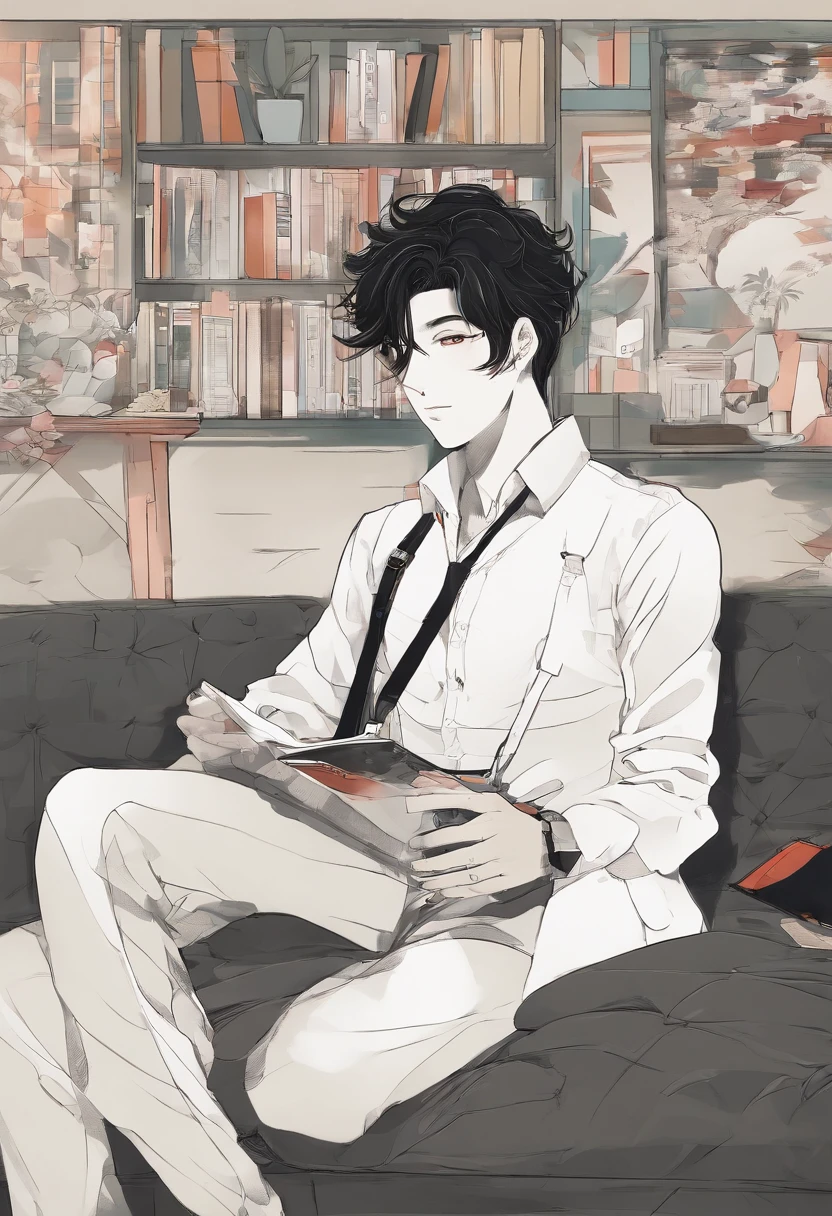 a man sitting on the couch, com cabelo liso preto, wearing suspenders, with a camera , figura magra, delicate facial features,barba, qualidade de imagem realista, idade cerca de 30 anos, surreal