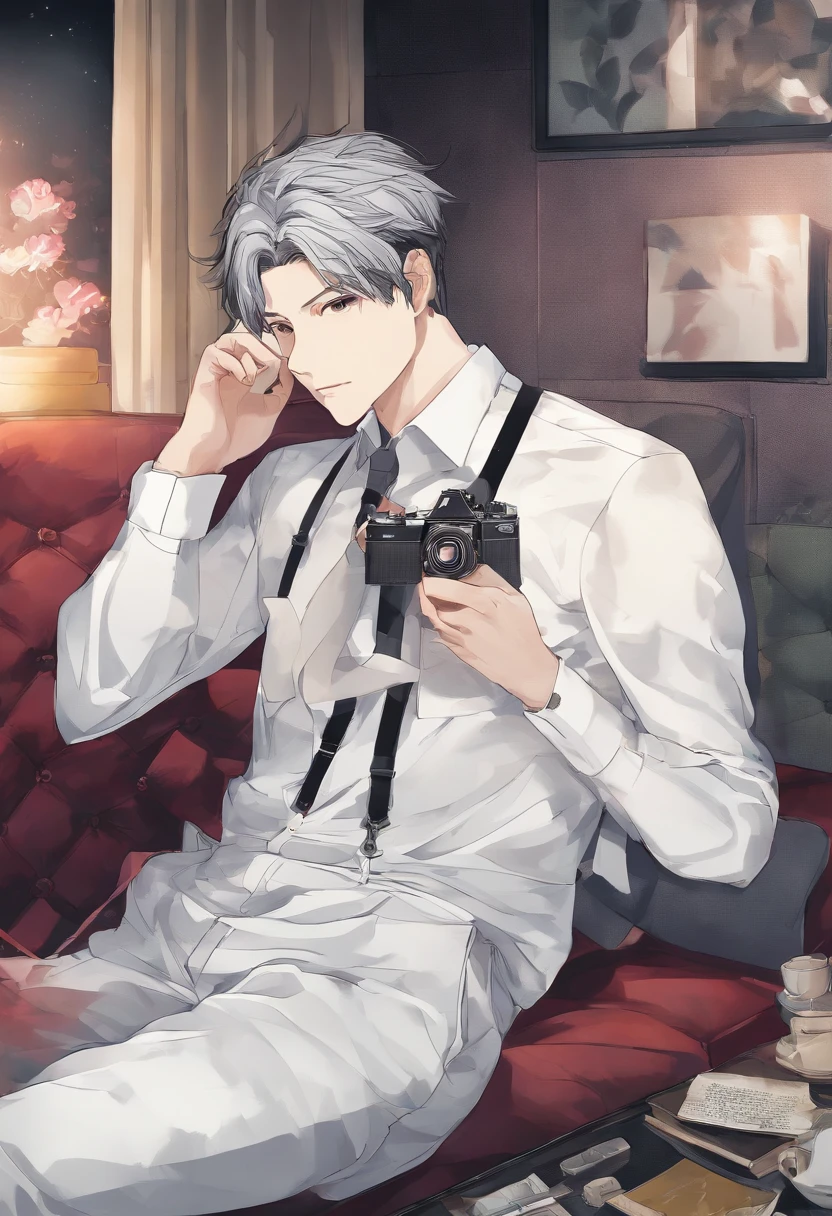 a man sitting on the couch, com cabelo liso preto, wearing suspenders, with a camera , figura magra, delicate facial features,barba, qualidade de imagem realista, idade cerca de 30 anos, surreal