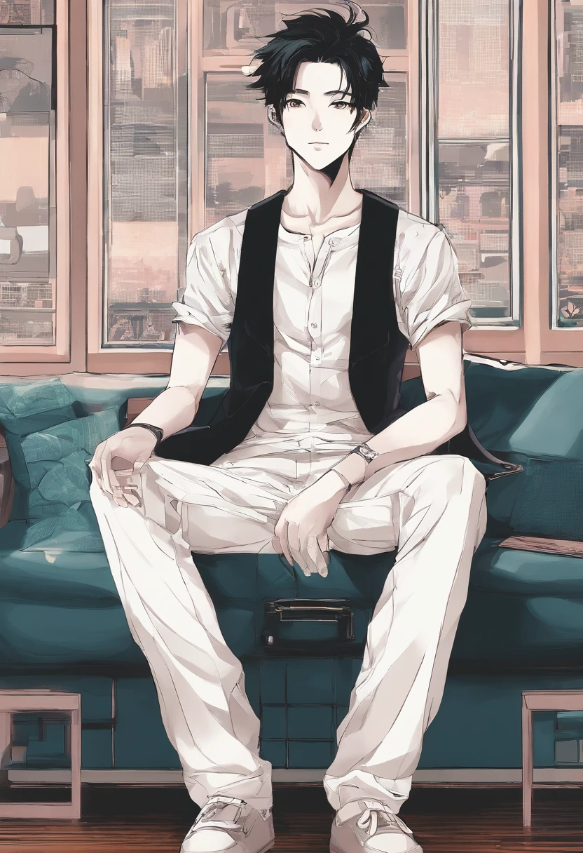 a man sitting on the couch, com cabelo liso preto, wearing suspenders, with a camera , figura magra, delicate facial features,barba, qualidade de imagem realista, idade cerca de 30 anos, surreal