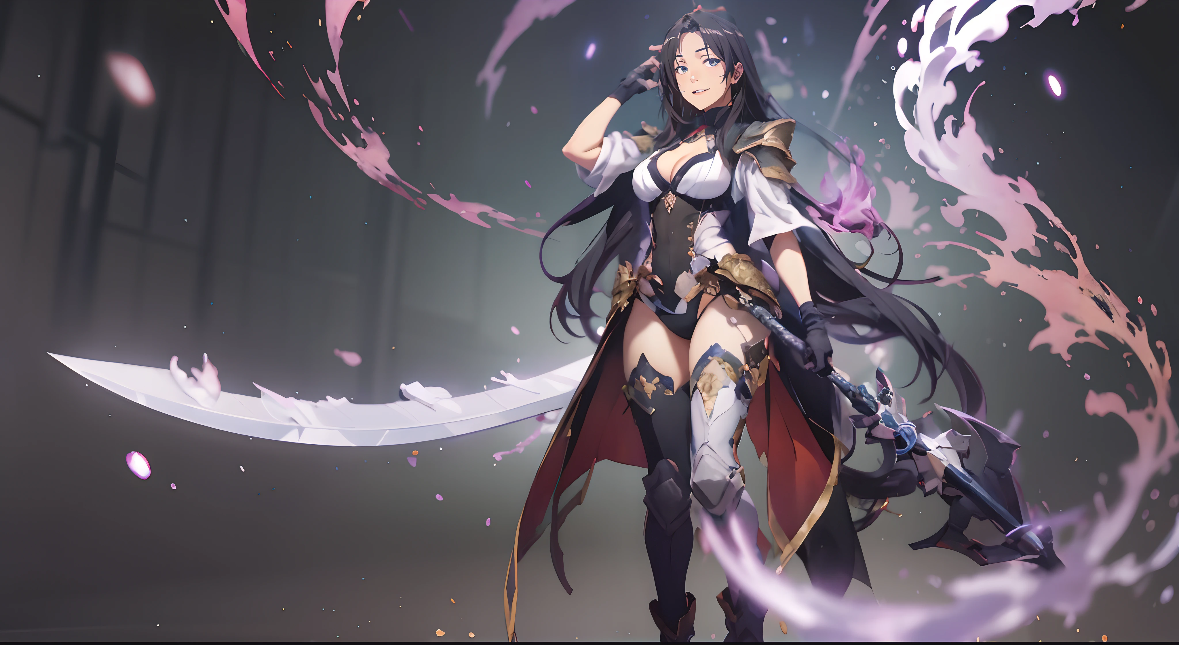 sensei, (long hair, black hair:1.6), 1girl, solo, breasts, weapon, leotard, holding, thighhighs, large_breasts, looking_at_viewer, cleavage, holding_weapon, polearm, boots, cleavage_cutout, standing, armored_boots, gloves, armor, hand on head, white_leotard, "glow effects, godrays, Hand drawn, render, 8k, octane render, cinema 4d, blender, dark, atmospheric 4k ultra detailed, cinematic, Sharp focus, big depth of field, Masterpiece, colors, 3d octane render, 4k, concept art, trending on artstation, hyperrealistic, Vivid colors, extremely detailed CG unity 8k wallpaper, trending on CGSociety, Intricate, High Detail, dramatic", anime coloring, anime screencap,