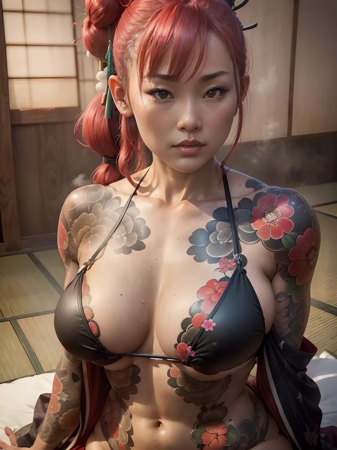 8k, Masterpiece, (photorealistic:1.5), a artistic portrait of ((a japanese yakuza girls) wearing kimono), irezumi tattoo on back, expose back tattoo, exposed face, bare shoulders, exposed huge breast, touched breast each another, beautiful skin, slim fit body, cute face, lovely look, look at viewer, bun red hair with bang, sitting on tatami, kneel, foggy, backlight, dark grey atmosphere, dynamic lighting, natural, artistic