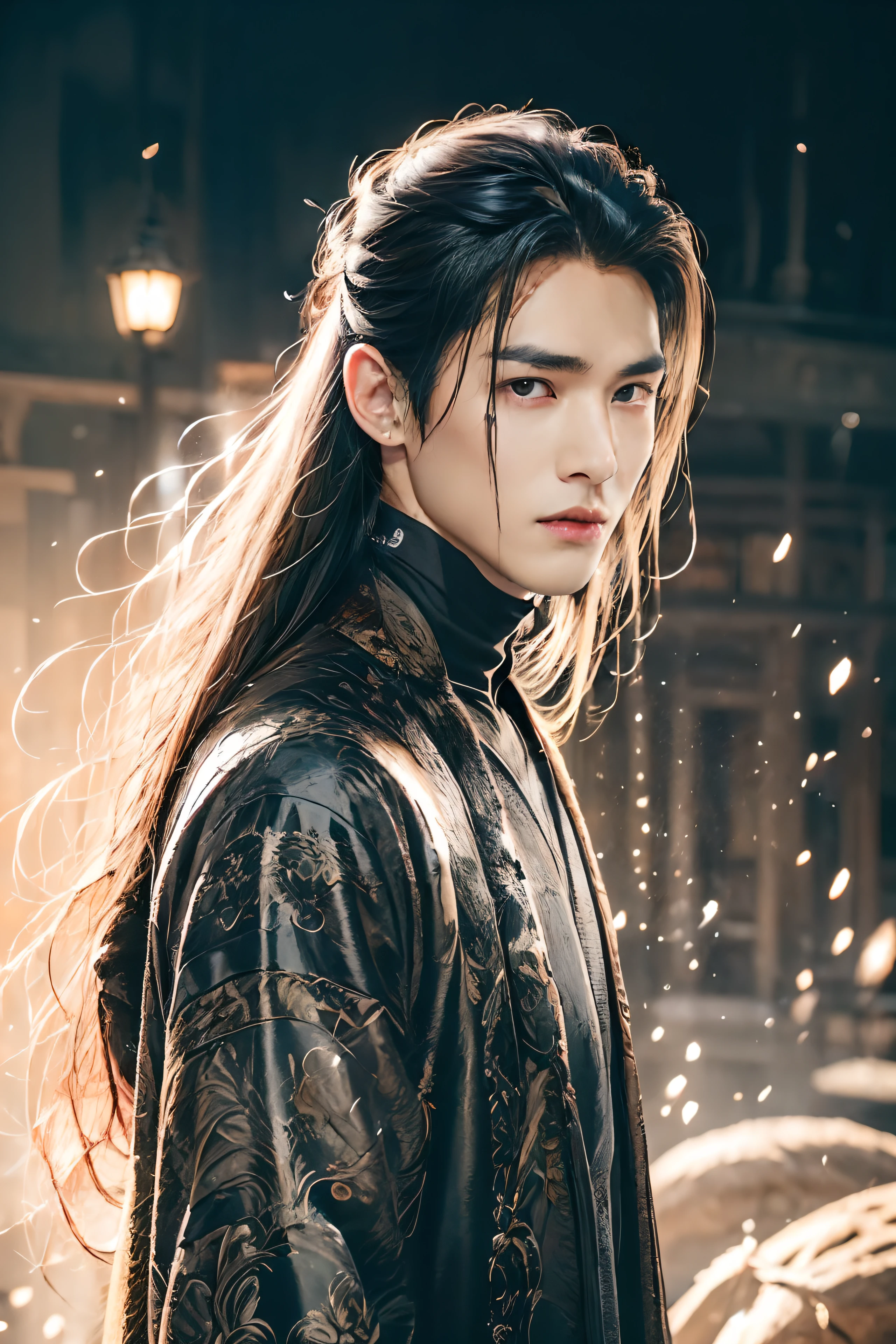 A 21-year-old Asian man，Thick eyebrows，Melon seed face，Handsome face，Men's full body ，A transparent streamer is tied to the body and flutters in the wind，The background is an ancient Chinese town，Time is night。Deep blue sky，A full moon，Lots of black lanterns，Pavilions and arch bridges，His skin is fair，He is slender,  The limbs have pronounced muscle lines，high-definition photography，Real-world scenarios，Lots of detail, wearing black long coat, black long pants, black turtleneck shirt, lightning, magic, messy long hair, battle pose, confidently looking into distance, suppressed anger, devilish gaze