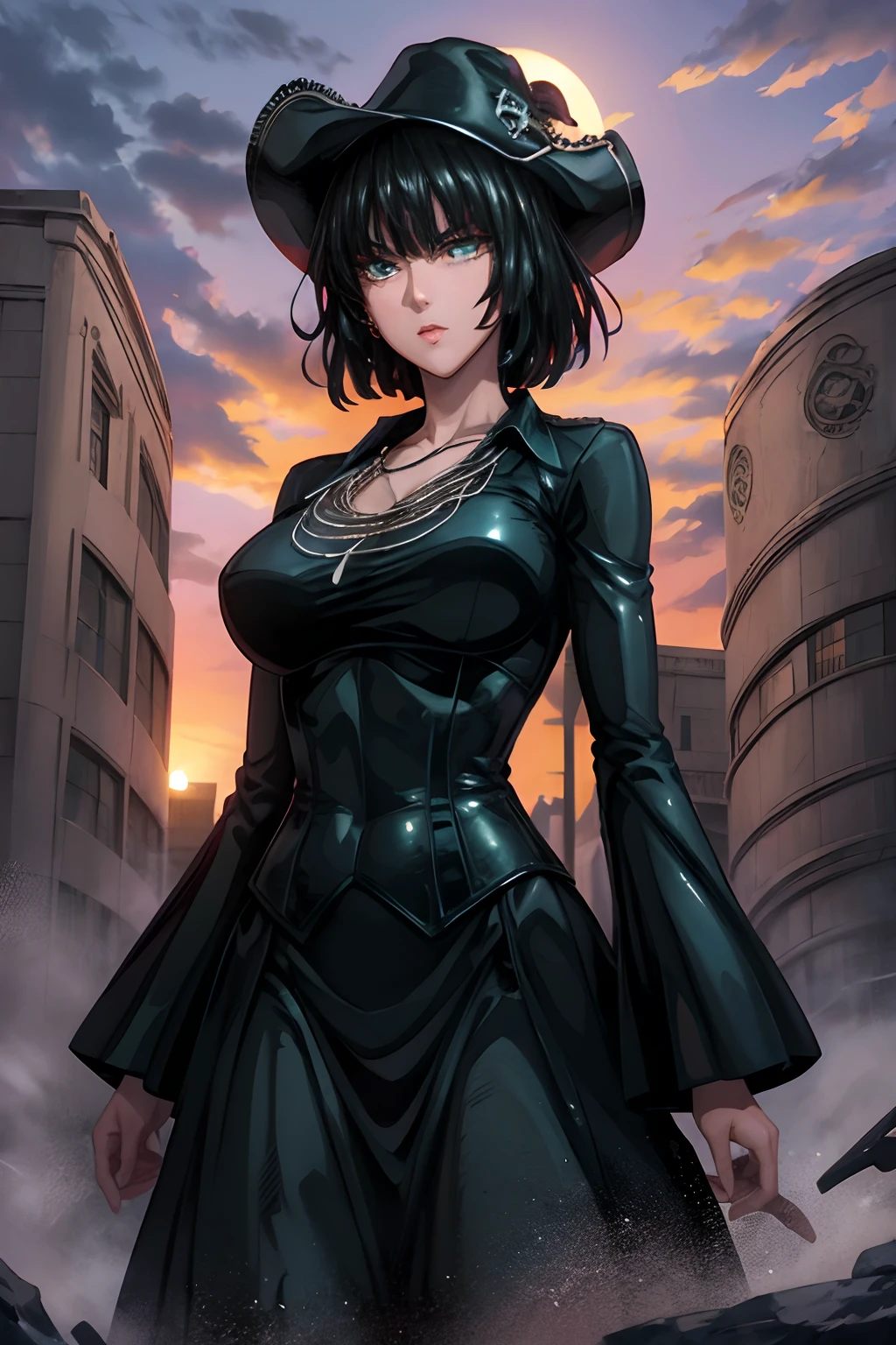 Fubuki, Cast a magic spell,Magic Star, Chica sola,Mono de jade,Luz de la luna,Falda Steampunk Victoriana Azul,Pirate corset,Jade Neck Jewelry,Sombrero de bruja azul,pelo corto,Pendientes de luna Cresent,Vestido de noche,Pueblo de calabazas,Castillo de la Bruja,Goth makeup,Fantasmas,Calabaza de Halloween