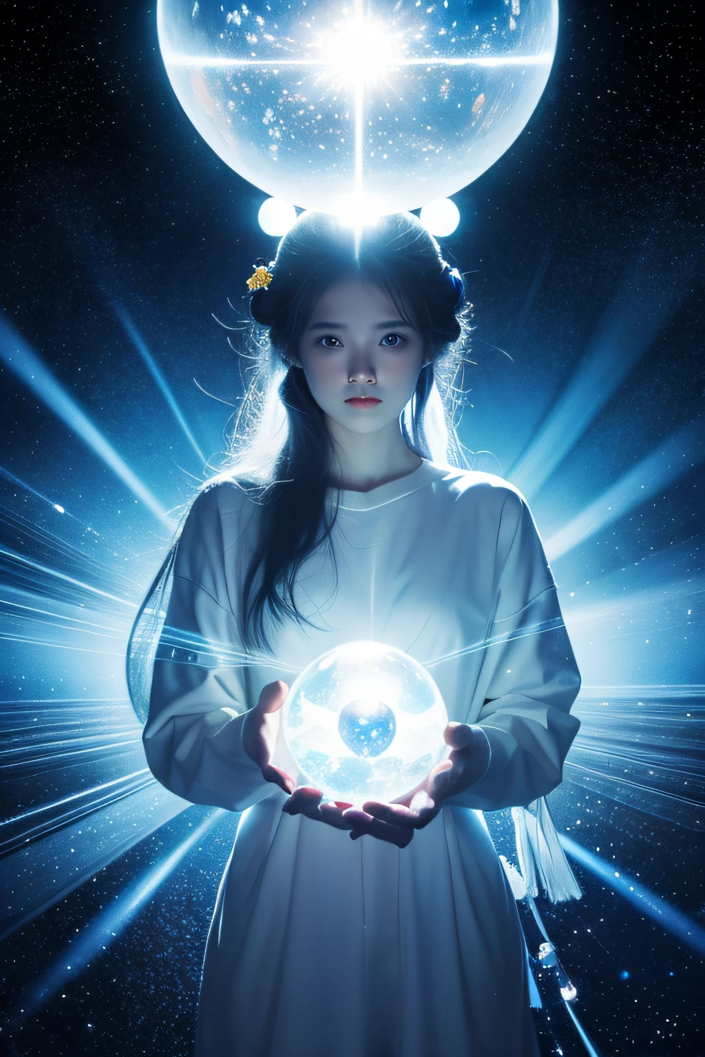 Cosmic World The white sun goddess holds a glowing crystal ball in her hand and stands in the cosmic blue light with a two-dimensional teddy puppy