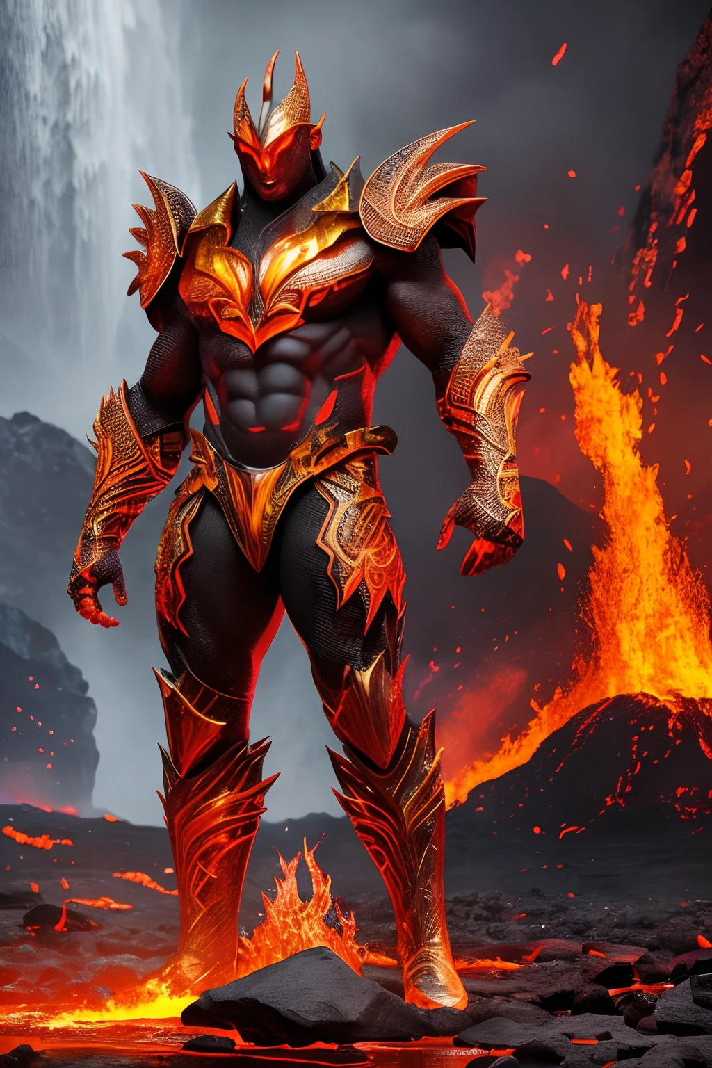 full body shot of African hell god standing in hell, surrounded by fire and melting rocks, waterfall of lava in the background, eyes glowing red, dark moody light shining, with iridescent light, cinematic lighting, artgerm style, 32k, ultra HD, unreal engine rendered, hyper-realistic image, --auto --s2