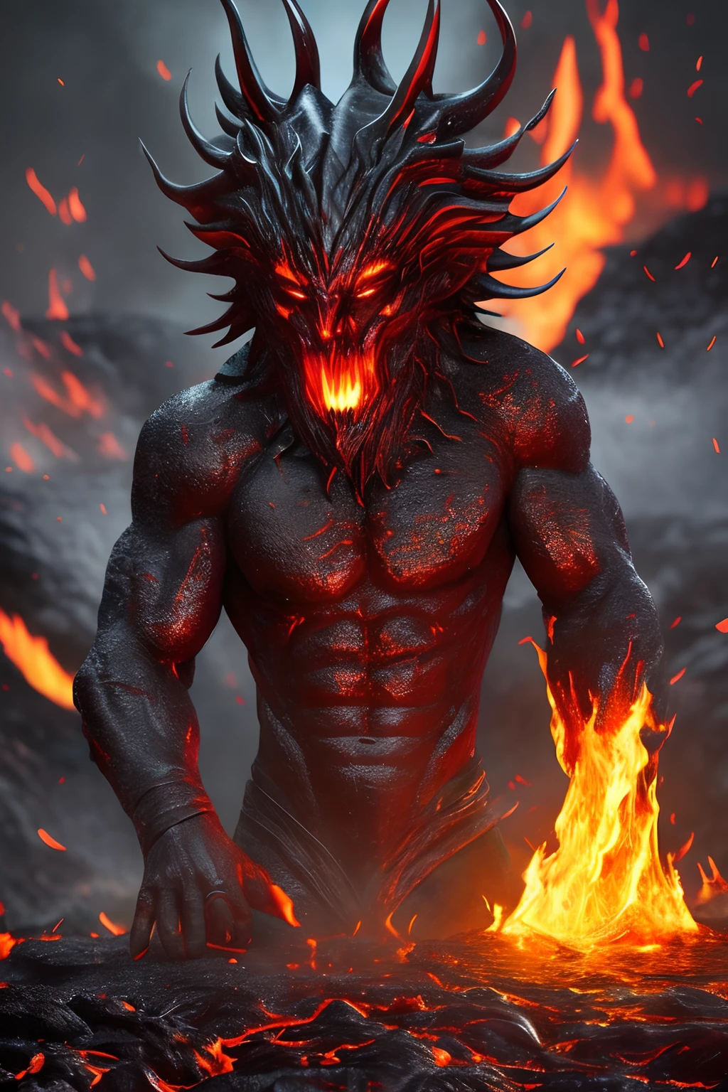 full body shot of African hell god standing in hell, surrounded by fire and melting rocks, waterfall of lava in the background, eyes glowing red, dark moody light shining, with iridescent light, cinematic lighting, artgerm style, 32k, ultra HD, unreal engine rendered, hyper-realistic image, --auto --s2