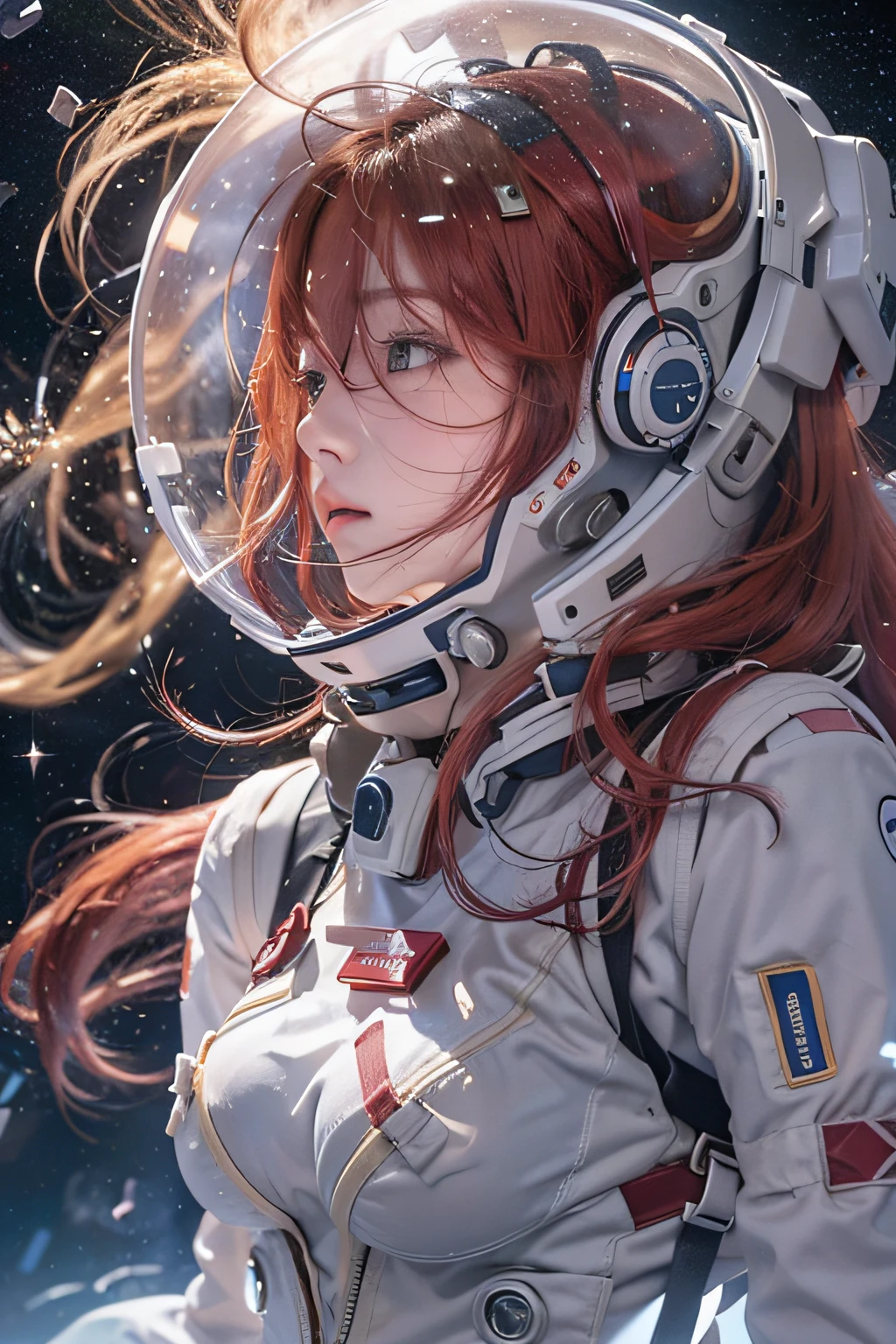 Long hair, side top pigtails, red curly hair, bangs, slim body, very large breasts, ball shaped breasts, red pupils, cleavage, red eyes, hair between eyes, very long hair, red hair, lips, drill curls, beautiful Japanese woman, five fingers, reality, slim waist, full body, wearing a space suit and aboard a spaceship
