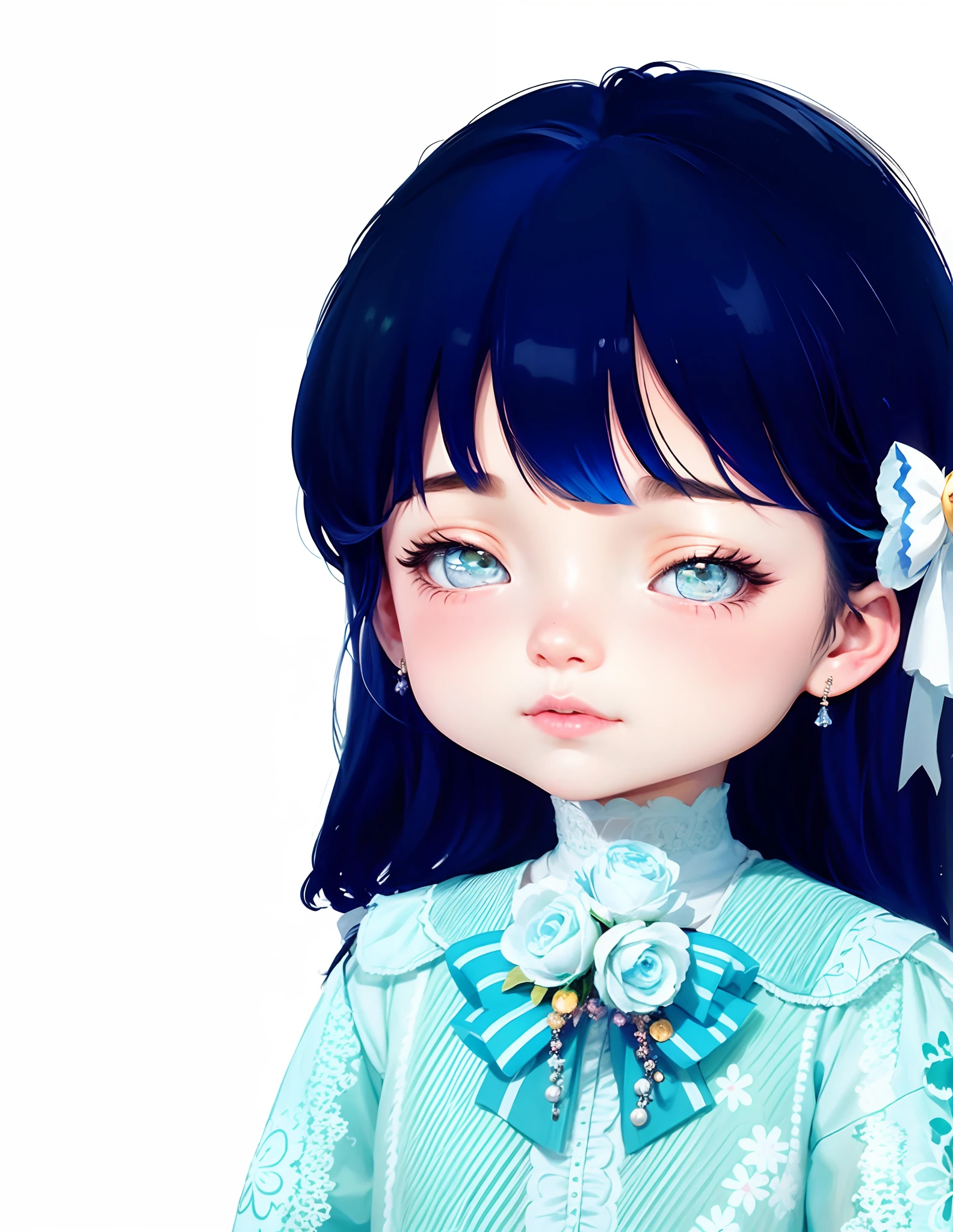 Uma jovem realista, with three-dimensional facial features, menina anime com cabelo preto e blusa azul com flor branca, kawaii retrato realista, Loli, Ela tem cabelo preto com franja, No Bowater Art Style, visual anime de uma menina bonito, inspirado em Ma Yuanyu, menina pequena loli, Soft anime illustration, menina kawaii bonito, anime moe artstyle, pintura super detalhe, luminescence, bar lighting, Art Portrait Complex 4K Resolution Concept, Fractal Isometric Details of Bioluminescence: An amazing realistic picture for 30 years