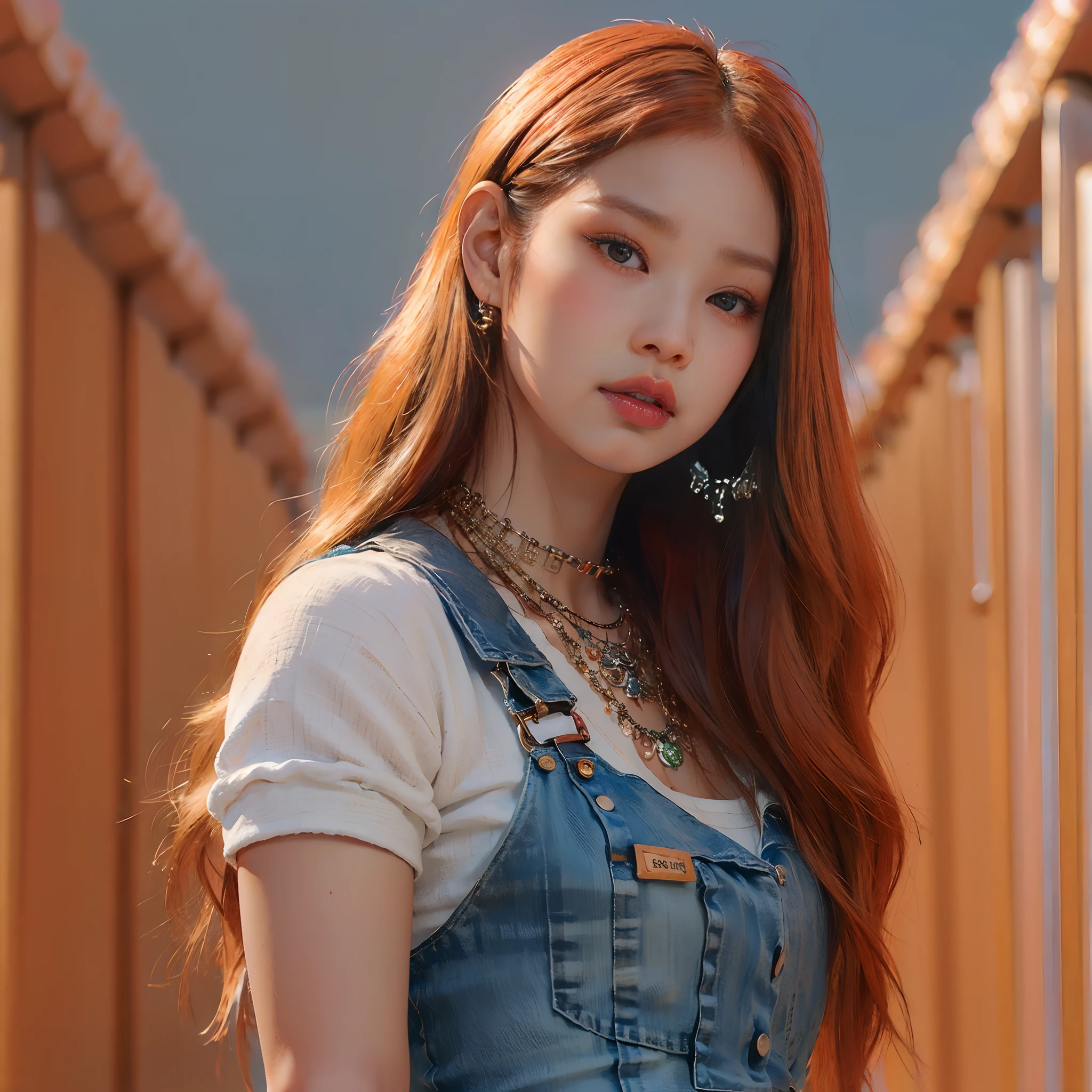 Mujer con cabello rojo y camisa blanca y overol azul, Retrato de Jossi de Blackpink, Parque Roseanne de Blackpink, Jossi de Blackpink, Blackpink Jennie, Ella tiene el pelo largo redorange, Artista coreano, portrait of female Korean idol, Lalisa Manobal, Retrato Jisoo Blackpink, Retrato suave disparado 8K, Sun Yunjoo