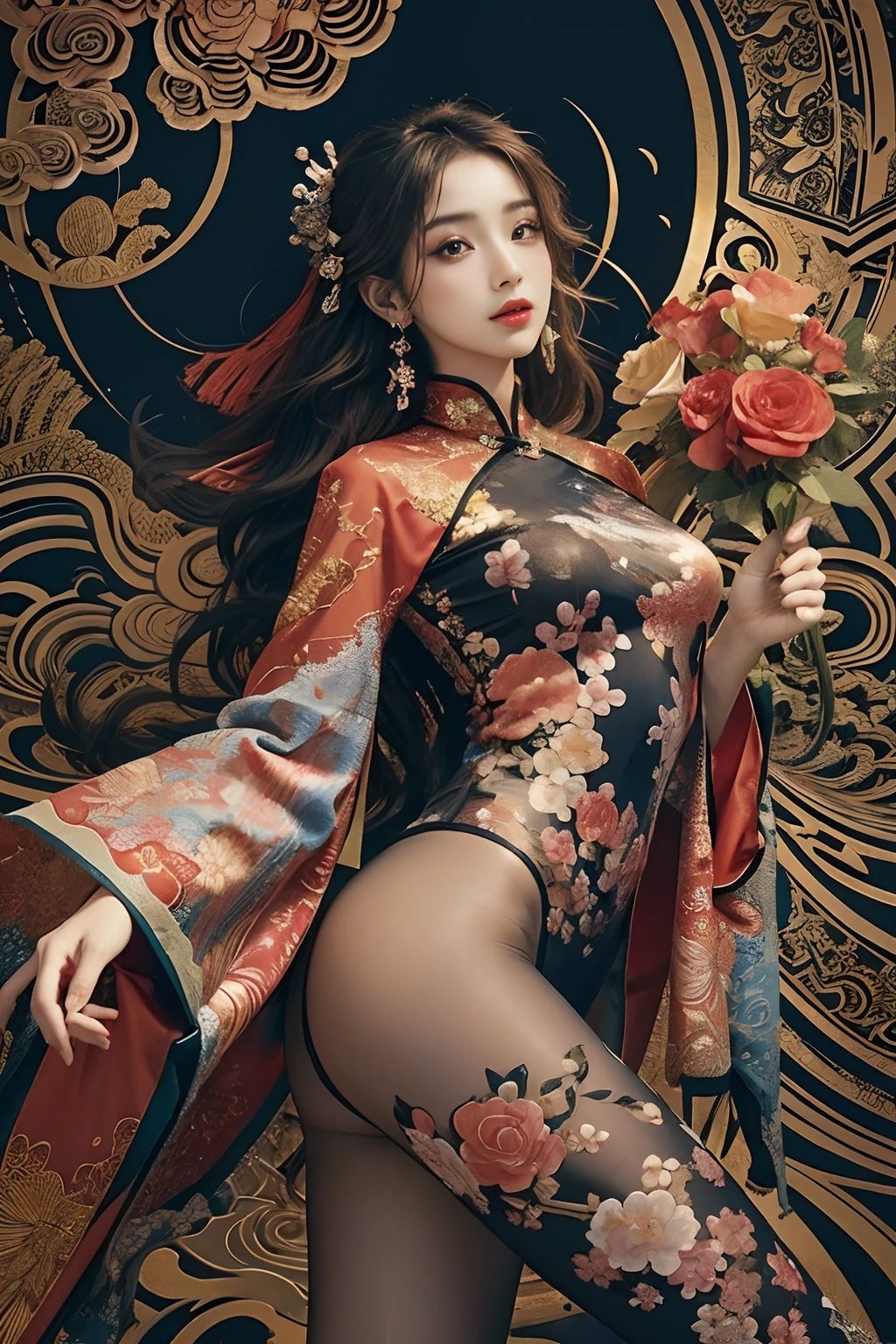 (masterpiece, top quality, best quality, official art, beautiful and aesthetic:1.2), (1girl:1.3), extremely detailed,(fractal art:1.1),(colorful:1.1)(flowers:1.3),highest detailed,(zentangle:1.2), (dynamic pose), (abstract background:1.3), (chinese Traditional cloth:1.2), (shiny skin), (many colors:1.4), ,(earrings:1.4),