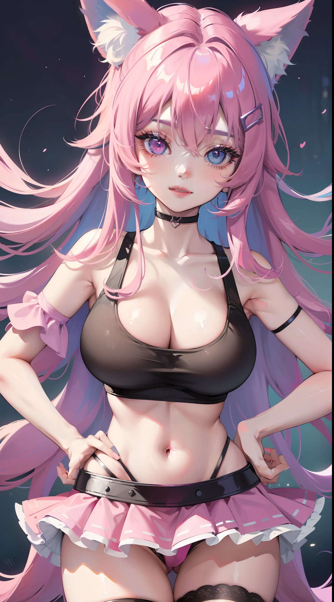 Grown-up girl, Fox ears, Fox tails, Long blue hair with pink tips, Heterochromia, The left eye is blue, Right Eye Pink, blue eye shadow, pink lipstick, black tank top, Upskirt, open belly, pop-idol, Huge-breasts, Smile, Masterpiece, hiquality, 4k, HD, Good detail