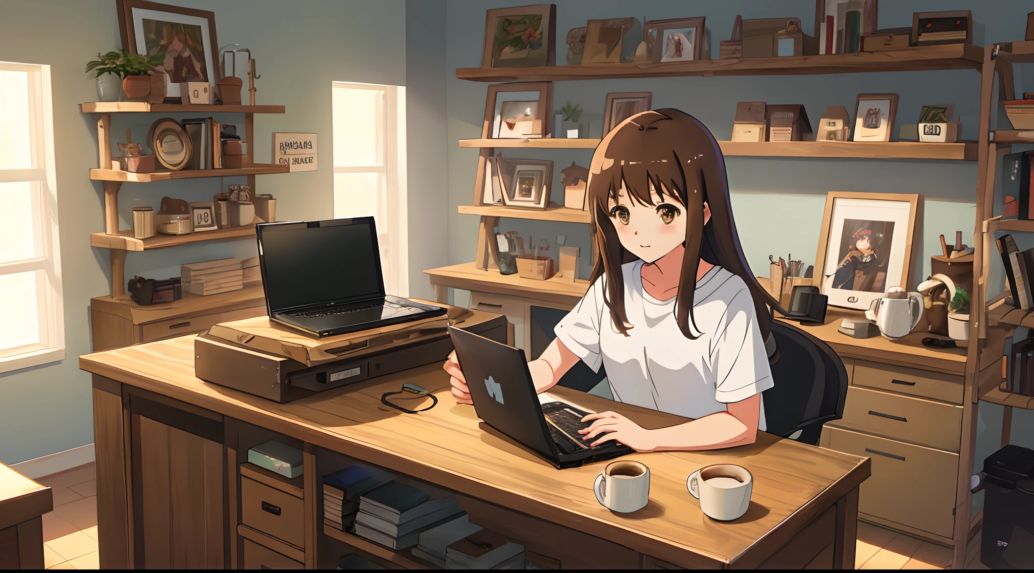 Real engine, anime style, Long dark brown hair, brown eyes, in jeans sitting at her desk, tumbler laptop cricut and heat press on desk, with background and shelving with coffee mugs and tumblers etc on it digital art
