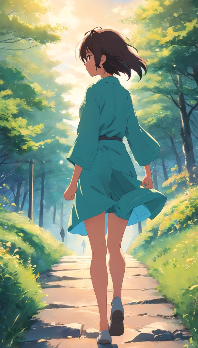 Fantastical girl with 校服 kawaii Rear view Looks Back laugh Bare legged grass field