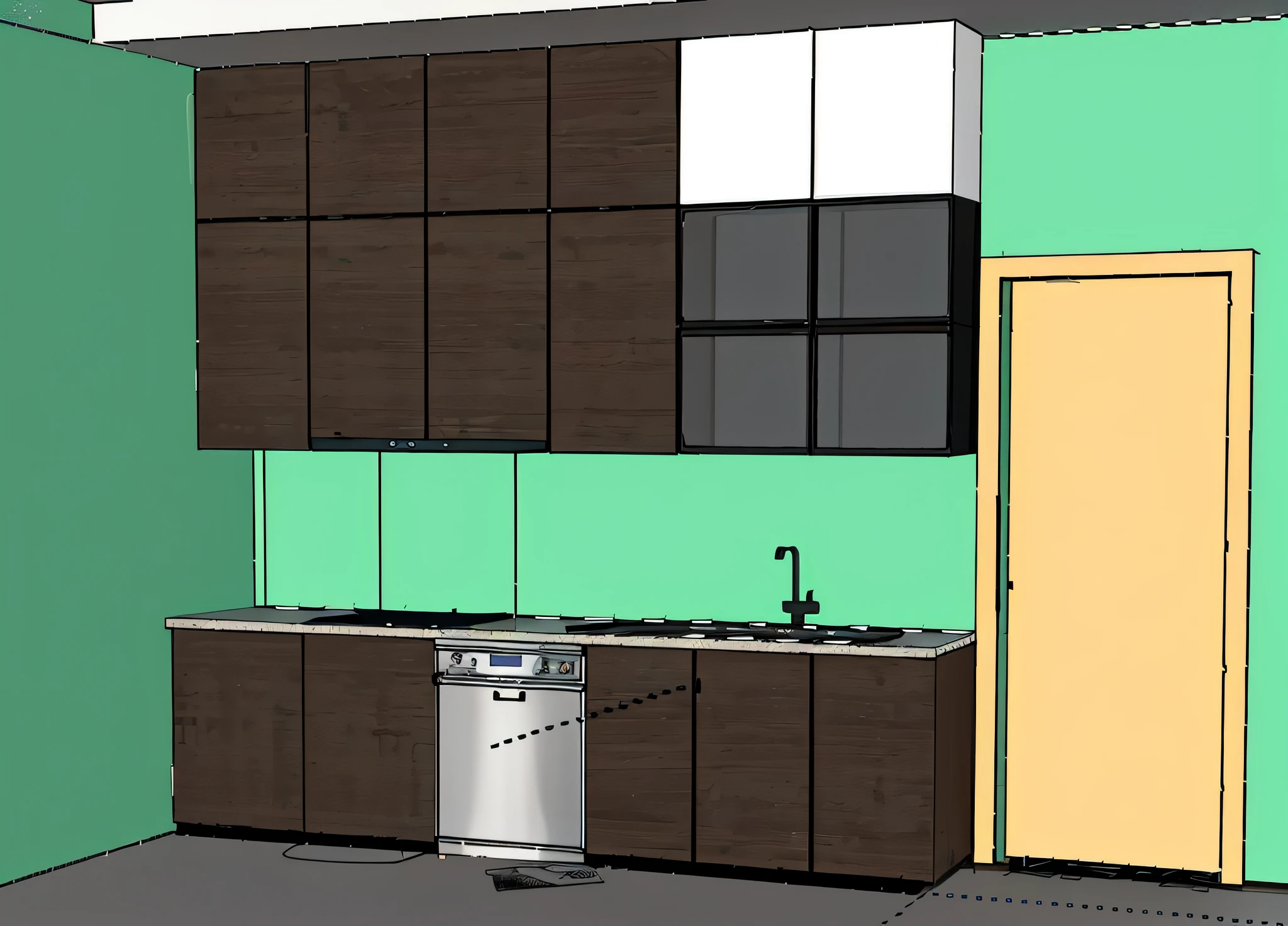 a drawing of a kitchen with a sink, stove, refrigerator and refrigerator, kitchen, sketch - up, 3d rendering, 3 d rendering, detailed rendering, 3 d rendering!, 3d rendering!, 2 d render, small kitchen, 3 d rendered, 3d rendered, cabinets, 3d design, 3 d design, front perspective, detailed set design, set design