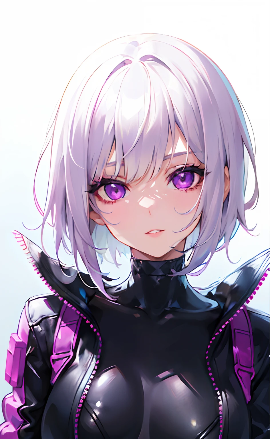 solo, lucy (cyberpunk), short hair, parted lips, bangs, looking at viewer, upper body, 1girl, jacket, black background, purple eyes, bodysuit,white hair,