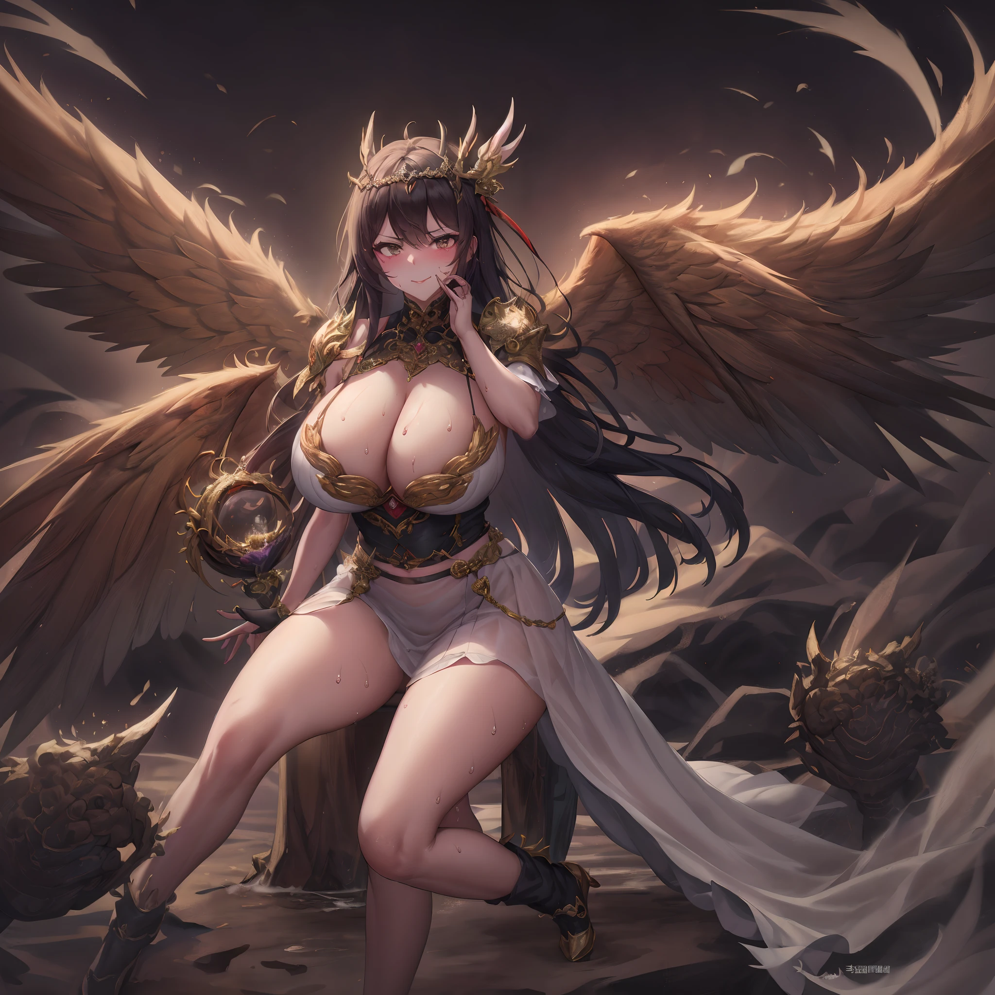 ((Anime Art Style)),(masutepiece),(Best Quality), (Super Detail),((Very delicate and beautiful)),Focus on character,Dynamic Angle,Looking at Viewer,((Solo)),Standing,(((Full body))),((one evil and cute princess in gorgeous ball gown with voluminous skirt)),Detailed face and eyes,(nefarious smirk),Eyes Like Gems,((Very Long voluminous Hair)),gorgeous embroidery and lace,See-through,ornate ruffles,Gorgeous jewelry ornaments,luxury hair ornament,luxury and evil tiara with jewels,(huge-breasted,Long breasts),Full body,((evil and dark atmosphere)),Full body,(((gorgeous ballgown with voluminous skirt)))(masterpiece、top-quality、top-quality、Official art、Beautifully Aesthetic:1.2)、(One girl:1.3)、A highly detailed、(Fractal Art:1.1)、(colourfull:1.1)(florals:1.3)、The most detailed、(Zentangle:1.2)、(Dynamic Poses)、(Abstract background:1.3)、(shinny skin)、(Many colors:1.4)、、(耳环:1.4)、(pluma:1.4)ung aristocratic maid woman)((Black ruffled maid outfit with luxurious embroidery))((Heavy drool))((Very angry look))((red blush))((Painful and troubled face))((The face of suffering and perseverance))((Heavy sweat on the face,)((Heavy sweat spreading all over the body)))Girl with a troubled face、nightcity、Sateen、Kimono without sleeves、A dark-haired、Holding a weapon with blood on it、Looking at the camera、Cherry blossoms are dancing,Unusually resistant、red blush、shrine maiden、valkyrie、Angel wings、a navel、sideboob barbosa、with an intricate、Particles of light、thighs thighs thighs thighs、shinny skin、Perfect litthing、1girl in、looking at the viewers、Winged headgear、pelvis curtain、A smile、(masterpiece)、(top-quality)、tiny chest、Porcelain Skin、Very long hair、hair wavy、Royal sister,femele,A queen,putting on a crown,There are a lot of golden lightning around,sitting in a throne,Bangs cover the eyes,Black Suspender Socks,Black Lace Top,,High jump,Grab Erlang's leg,,Black Silk Top,domineering,smil,The corners of the mouth are raised,Red and gold eyes,Black silk erotic underwear,Black top,Black Silk