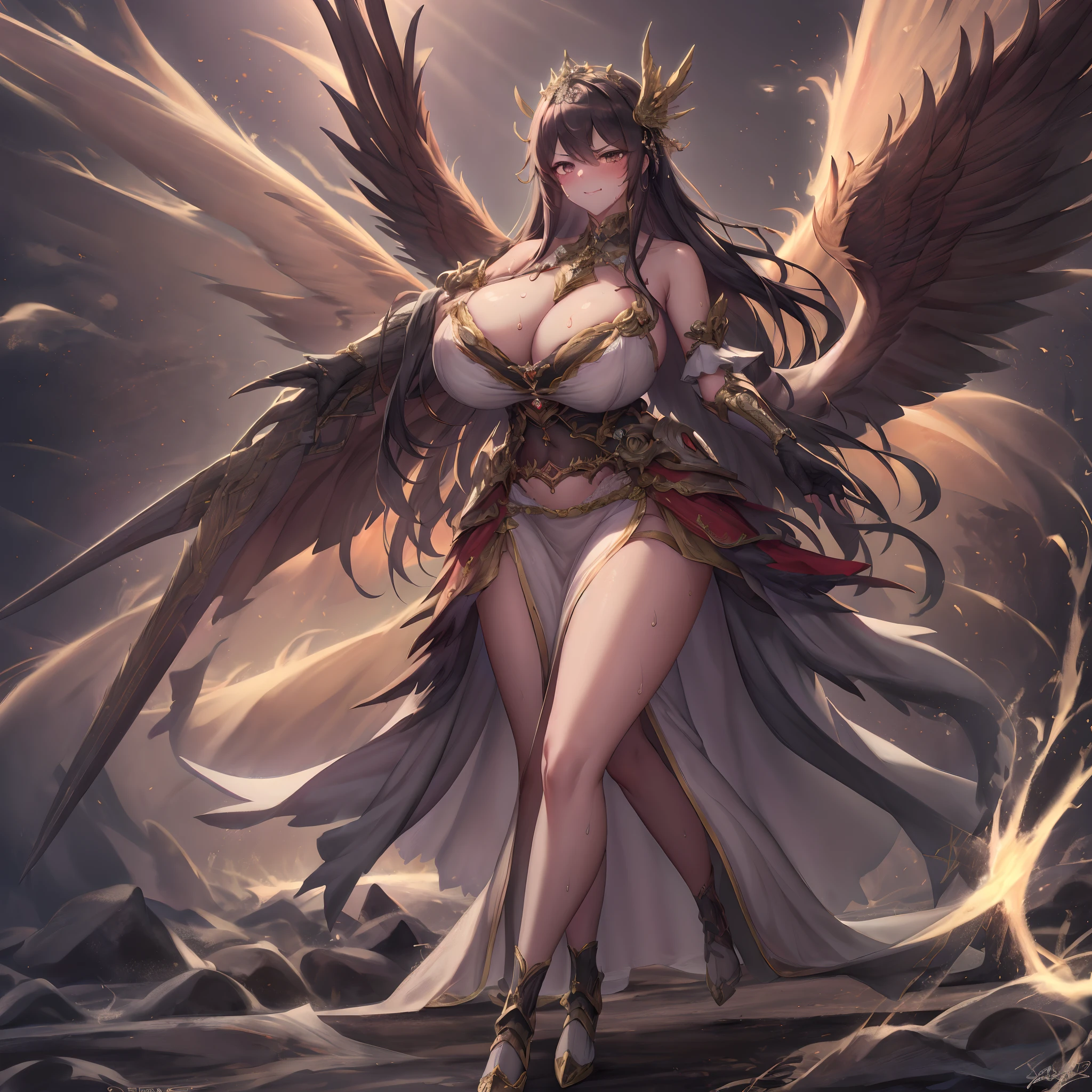 ((Anime Art Style)),(masutepiece),(Best Quality), (Super Detail),((Very delicate and beautiful)),Focus on character,Dynamic Angle,Looking at Viewer,((Solo)),Standing,(((Full body))),((one evil and cute princess in gorgeous ball gown with voluminous skirt)),Detailed face and eyes,(nefarious smirk),Eyes Like Gems,((Very Long voluminous Hair)),gorgeous embroidery and lace,See-through,ornate ruffles,Gorgeous jewelry ornaments,luxury hair ornament,luxury and evil tiara with jewels,(huge-breasted,Long breasts),Full body,((evil and dark atmosphere)),Full body,(((gorgeous ballgown with voluminous skirt)))(masterpiece、top-quality、top-quality、Official art、Beautifully Aesthetic:1.2)、(One girl:1.3)、A highly detailed、(Fractal Art:1.1)、(colourfull:1.1)(florals:1.3)、The most detailed、(Zentangle:1.2)、(Dynamic Poses)、(Abstract background:1.3)、(shinny skin)、(Many colors:1.4)、、(耳环:1.4)、(pluma:1.4)1((Young aristocratic maid woman)((Black ruffled maid outfit with luxurious embroidery))((Heavy drool))((Very angry look))((red blush))((Painful and troubled face))((The face of suffering and perseverance))((Heavy sweat on the face,)((Heavy sweat spreading all over the body)))Girl with a troubled face、nightcity、Sateen、Kimono without sleeves、A dark-haired、Holding a weapon with blood on it、Looking at the camera、Cherry blossoms are dancing,Unusually resistant、red blush、shrine maiden、valkyrie、Angel wings、a navel、sideboob barbosa、with an intricate、Particles of light、thighs thighs thighs thighs、shinny skin、Perfect litthing、1girl in、looking at the viewers、Winged headgear、pelvis curtain、A smile、(masterpiece)、(top-quality)、tiny chest、Porcelain Skin、Very long hair、hair wavy、Royal sister,femele,A queen,putting on a crown,There are a lot of golden lightning around,sitting in a throne,Bangs cover the eyes,Black Suspender Socks,Black Lace Top,,High jump,Grab Erlang's leg,,Black Silk Top,domineering,smil,The corners of the mouth are raised,Red and gold eyes,Black silk erotic underwear,Black top,Black Silk