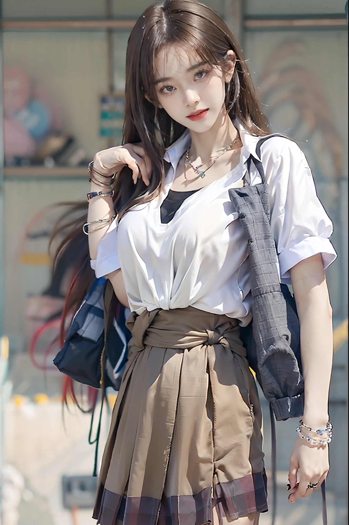 ((top-quality、8K、masterpiece:1.3))、(((1girl in)):1.3),((anatomy correct):1.45)、(Full body:1.5)、foco nítido:1.2、(realisitic、Photorealsitic:1.37)、(a smile)、Gaze towards the viewer、Beautiful Face Woman、32years old、pointed chest、long eyeslashes、Colorcon、Big 、delicated、Very detailed eyes、Highly detailed eyebrows、(Sharp Eyebrows)、(Thin eyebrows)、very vey very detailed face、((Brunette short disheveled hair)),((Brown pantyhose))、Detailed background(8K、masterpiece、top-quality、Raw foto) 、(School Uniforms:1.3), ((clothes around waist:1.5)), (Knot at the waist:1.3), (white collared shirts:1.4), ((White collar, Unbutton, Short sleeve):1.2), (pleatedskirt:1.3), ((Necklace, Colorful bracelets):1.2),