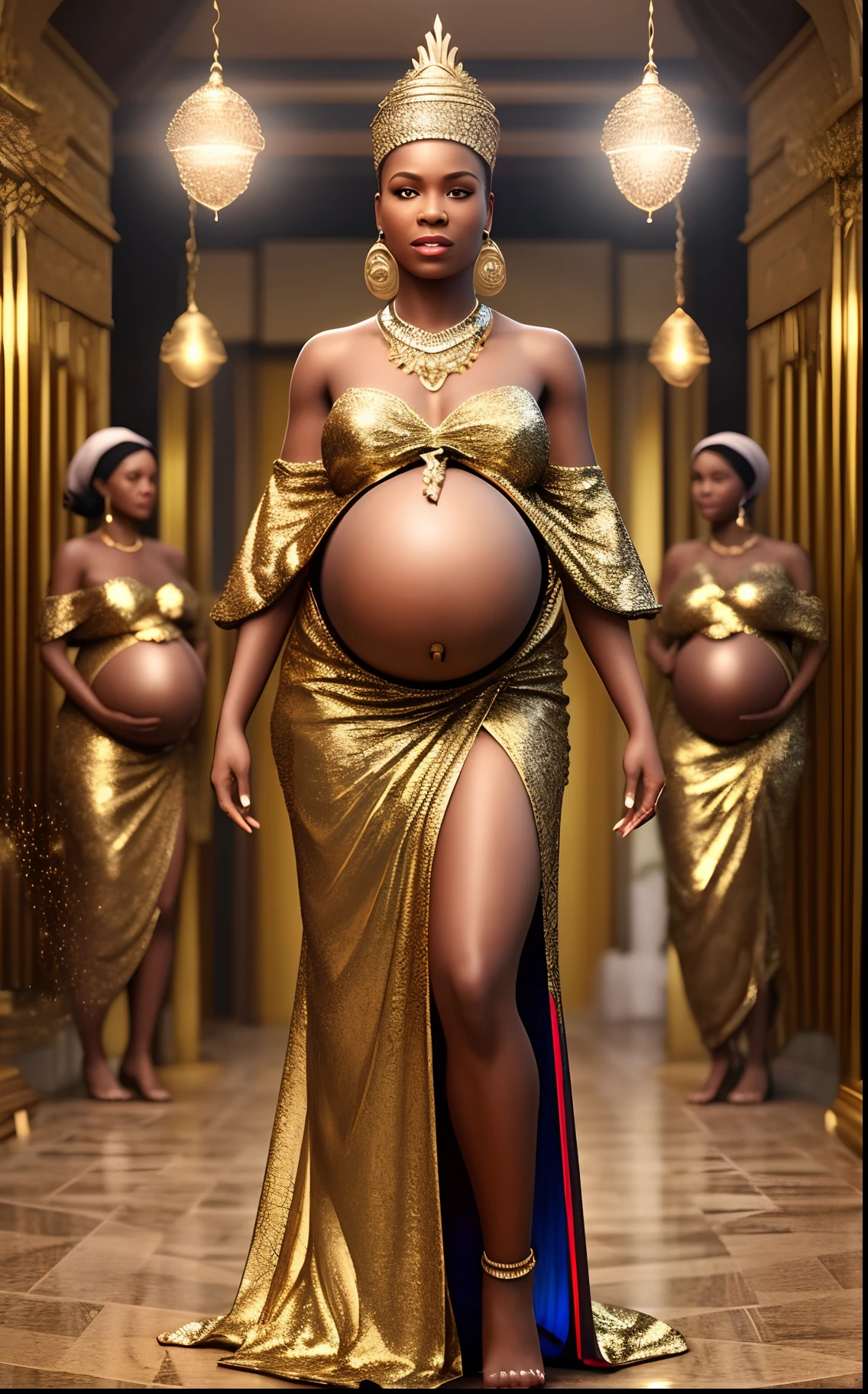 full body shot of African goddess standing in a room full of pregnant african women, she's glowing with sparkling gold, light particles shining, with iridescent light, cinematic lighting, artgerm style, 32k, ultra HD, unreal engine rendered, hyper-realistic image, --auto --s2