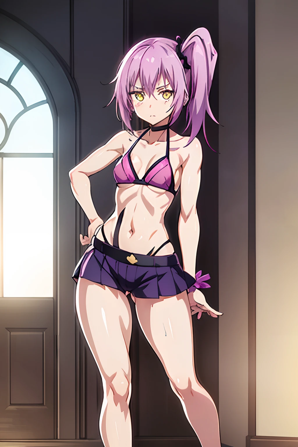 1 girl from an anime with purple hair, in the room, 1 girl, Only, ((sadistic)), yellow eyes, Purpose, pink hair, looking at me, ((censorship)), ((Lastly)), wearing a bikini short, (((Side ponytail))), (((toned legs))), thick muscular thighs, slim waist, muscular belly, Hands on hips, barefoot, 8k, ultra realistic