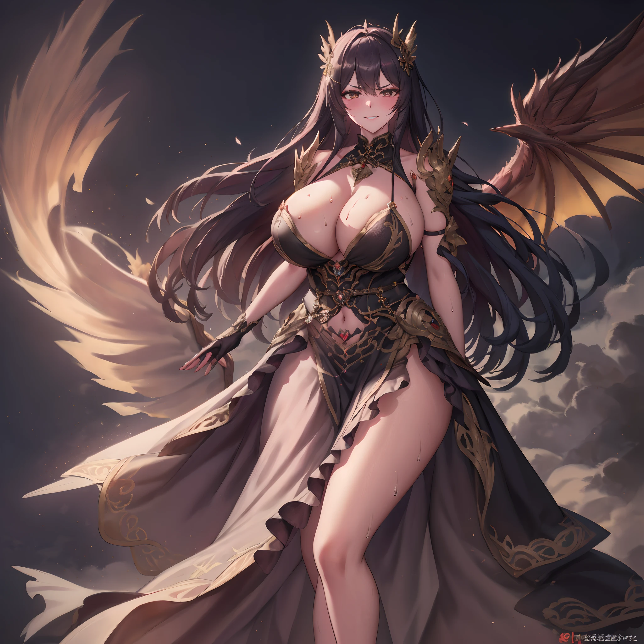 ((Anime Art Style)),(masutepiece),(Best Quality), (Super Detail),((Very delicate and beautiful)),Focus on character,Dynamic Angle,Looking at Viewer,((Solo)),Standing,(((Full body))),((one evil and cute princess in gorgeous ball gown with voluminous skirt)),Detailed face and eyes,(nefarious smirk),Eyes Like Gems,((Very Long voluminous Hair)),gorgeous embroidery and lace,See-through,ornate ruffles,Gorgeous jewelry ornaments,luxury hair ornament,luxury and evil tiara with jewels,(huge-breasted,Long breasts),Full body,((evil and dark atmosphere)),Full body,(((gorgeous ballgown with voluminous skirt)))(masterpiece、top-quality、top-quality、Official art、Beautifully Aesthetic:1.2)、(One girl:1.3)、A highly detailed、(Fractal Art:1.1)、(colourfull:1.1)(florals:1.3)、The most detailed、(Zentangle:1.2)、(Dynamic Poses)、(Abstract background:1.3)、(shinny skin)、(Many colors:1.4)、、(耳环:1.4)、(pluma:1.4)ung aristocratic maid woman)((Black ruffled maid outfit with luxurious embroidery))((Heavy drool))((Very angry look))((red blush))((Painful and troubled face))((The face of suffering and perseverance))((Heavy sweat on the face,)((Heavy sweat spreading all over the body)))Girl with a troubled face、nightcity、Sateen、Kimono without sleeves、A dark-haired、Holding a weapon with blood on it、Looking at the camera、Cherry blossoms are dancing,Unusually resistant、red blush、shrine maiden、valkyrie、Angel wings、a navel、sideboob barbosa、with an intricate、Particles of light、thighs thighs thighs thighs、shinny skin、Perfect litthing、1girl in、looking at the viewers、Winged headgear、pelvis curtain、A smile、(masterpiece)、(top-quality)、tiny chest、Porcelain Skin、Very long hair、hair wavy、Royal sister,femele,A queen,putting on a crown,There are a lot of golden lightning around,sitting in a throne,Bangs cover the eyes,Black Suspender Socks,Black Lace Top,,High jump,Grab Erlang's leg,,Black Silk Top,domineering,smil,The corners of the mouth are raised,Red and gold eyes,Black silk erotic underwear,Black top,Black Silk