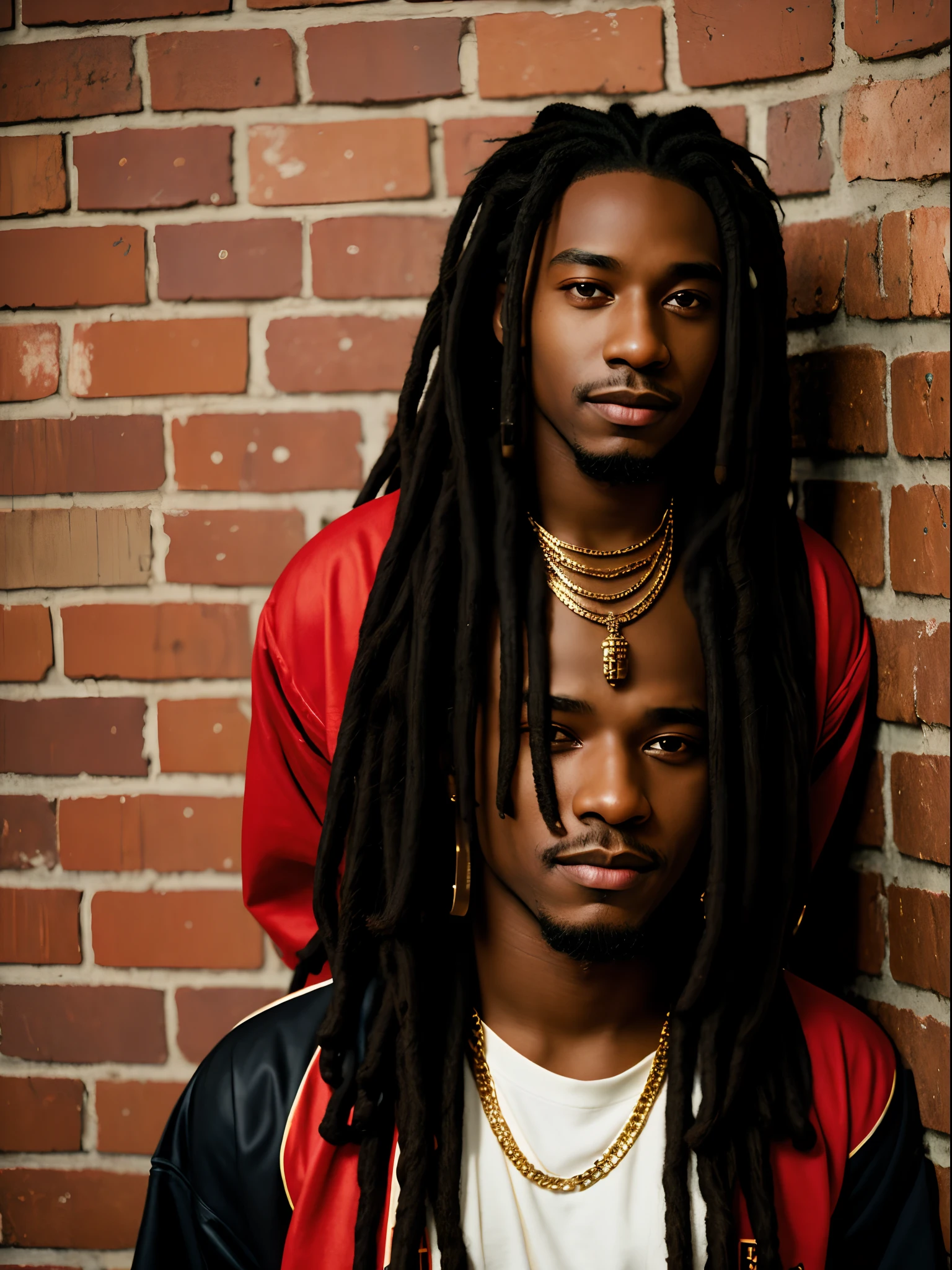 Retro, 90s, hazy film, realistic, black man, dark skin, long dreadlocks, red clothes, gold jewelry, half body, serious expression, brick wall, streetwear, light smile