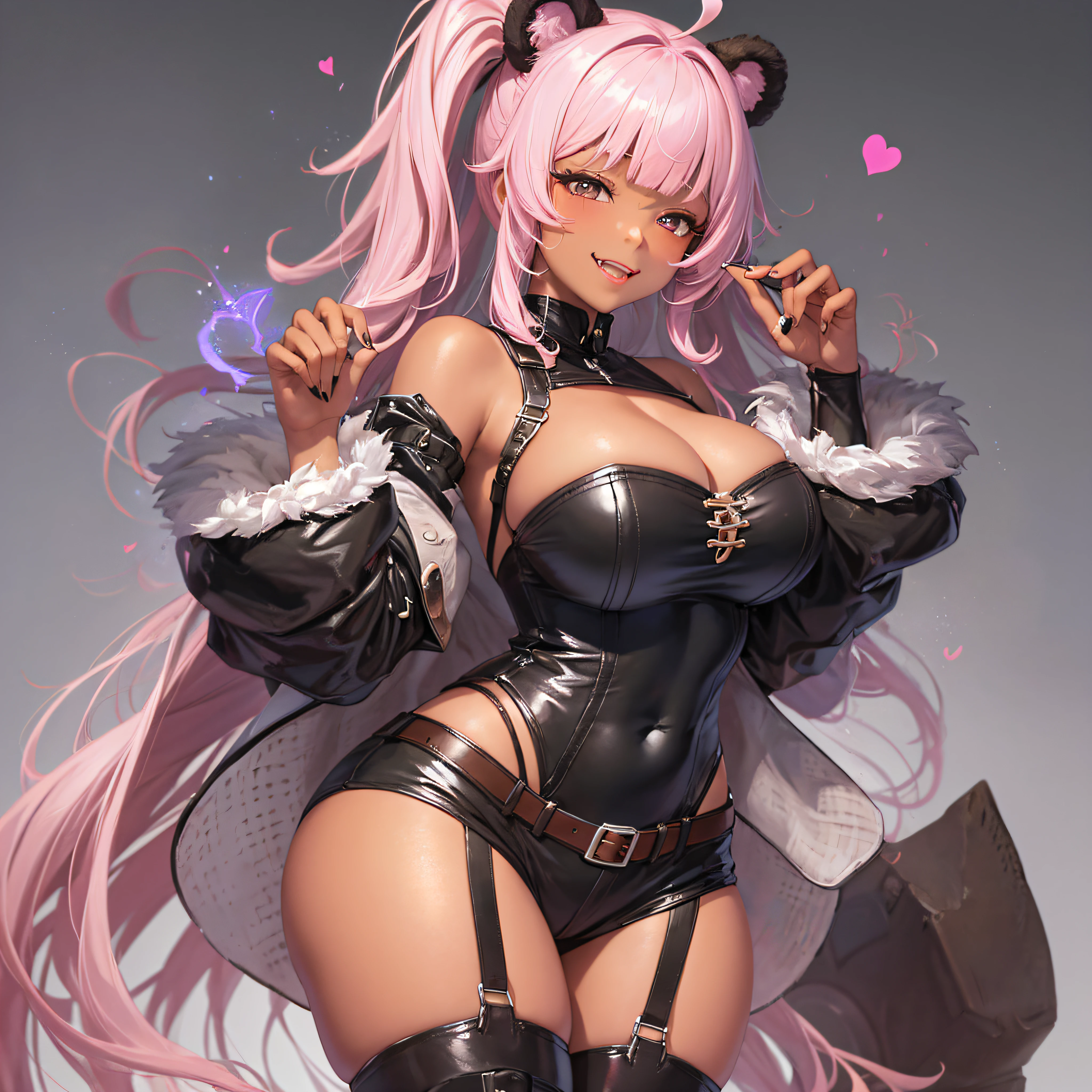 1 girl, big, pink hair, long hair, curly hair, ahoge, blunt bangs, hime cut, side ponytail, ((dark skin)), heart-shaped brown eyes, retina, half-closed eyes, fangs, bear ears, huge breasts, cleavage, thick thighs, mole, wide hips, thighhighs, short shorts, lace, ((platform boot)), seductive smile, super detail, high details, high quality, best quality, highres,