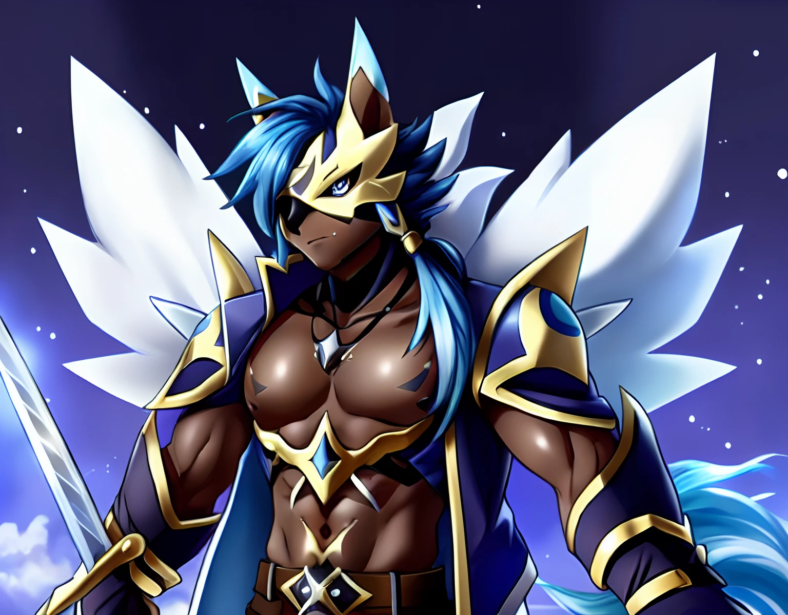 a close up of a ((dark Skin:1.6)) ((masculine )) (sakuyamon) like digimon \(creature\))) with ((long navy-Blue hair with light blue )) , ((Done in a Low hanging Ponytail)),Big ((fluffy white tail)), Ice Crystals in Gauntlets ,((Belt , Sword)) , Dynamic pose, Mid swing , expression( Smug), ((Eye patch)),(( Kaeya From Genshin impact as a Digimon)), ((white Fox mask with blue markings)),(( Blue open jacket)),((1boy Solo)), ((Masterpiece,High quality))