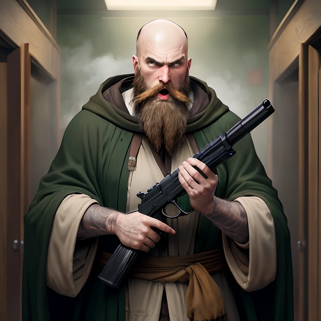 A bald hobo with a long brown beard, wearing dark green robe, crazy expression, gun in hand