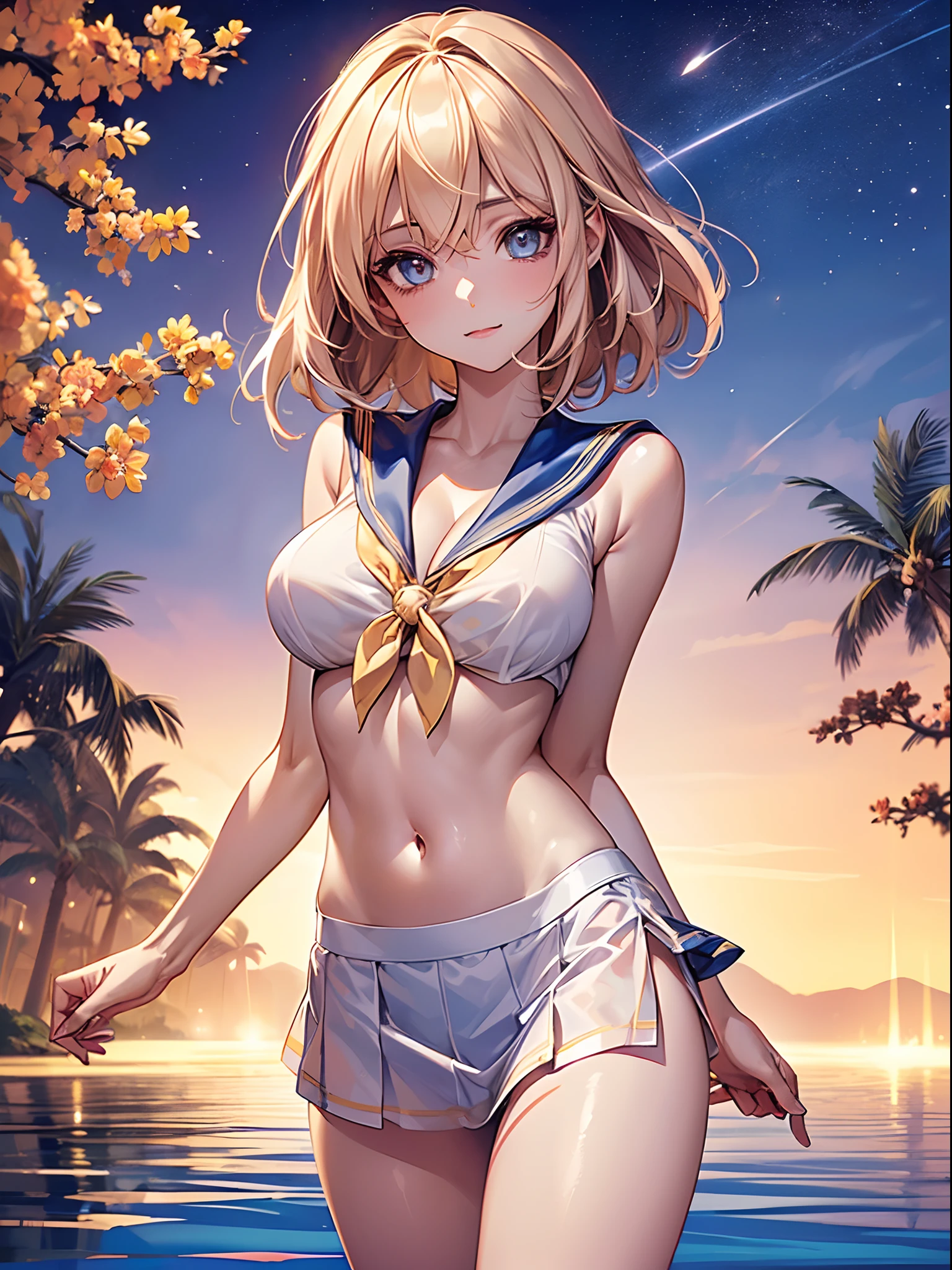 (((toppless))), (((Showing off the legs))), (((large full breasts))), (((show off cleavage))), extremely detailed CG unified 8k wallpaper, very fine 8KCG wallpaper, (​masterpiece, Best Quality), High resolution, Ultra-detailed, ultra-sharp, 1 girl ,Naked, in poolside, ((( Light sailor shirt, Sleeveless, Open front))), (((Navel ))),  (((Sheer Micro Mini Skirt))),  (Beautiful face, Cute face, Detailed face),  (((Detailed beautiful eyes))), (((Sunny))), Perfect Eyes Eyes