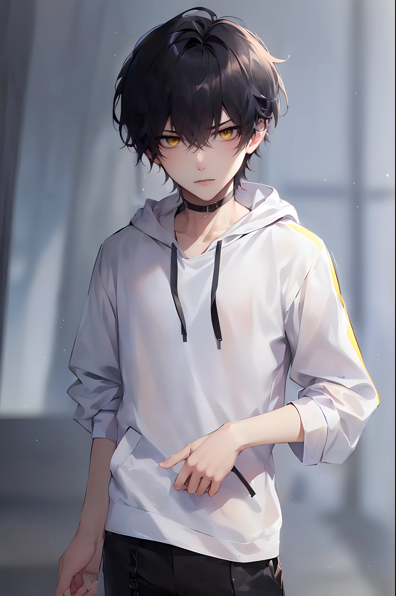 (4K works))、masterpiece、(top-quality)、In front of the wall、Korean Male、Adult male、((Adult 26 years old))、((Face similar to Hyun Jin))、Cool Men、tall、((Glaring expression))、((Sleepy face))、((Strong eyes))、((Wearing a white T-shirt and a black hooded jacket、Wearing long black pants))、((Wear a black mask))、((smaller face))、Slim body、((How to stand selling fights))、((Cheeky way of standing))、((hooligan))、((Black short-haired))、((Yellow eyes))、((shot from front))、((Looking down on the viewer))、((rearing))、Dull-looking pose、((Shot alone))、((Solo Photography))