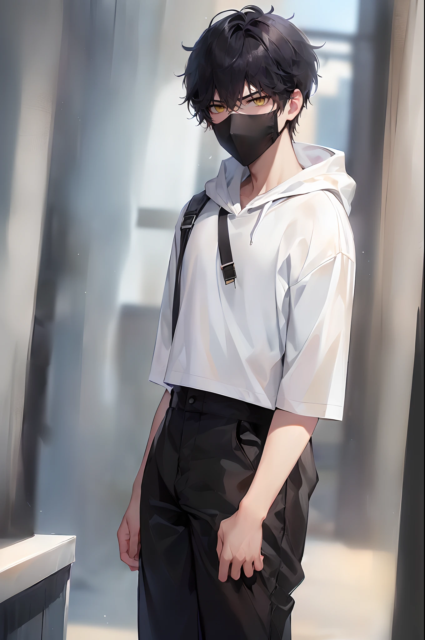 (4K works))、​masterpiece、(top-quality)、In front of the wall、Korean Male、Adult male、((Adult 26 years old))、((Face similar to Hyun Jin))、Cool Men、tall、((Glaring expression))、((Sleepy face))、((Strong eyes))、((Wearing a white T-shirt and a black hooded jacket、Wearing long black pants))、((Wear a black mask))、((smaller face))、Slim body、((How to stand selling fights))、((Cheeky way of standing))、((hooligan))、((Black short-haired))、((Yellow eyes))、((shot from front))、((Looking down on the viewer))、((rearing))、Dull-looking pose、((Shot alone))、((Solo Photography))