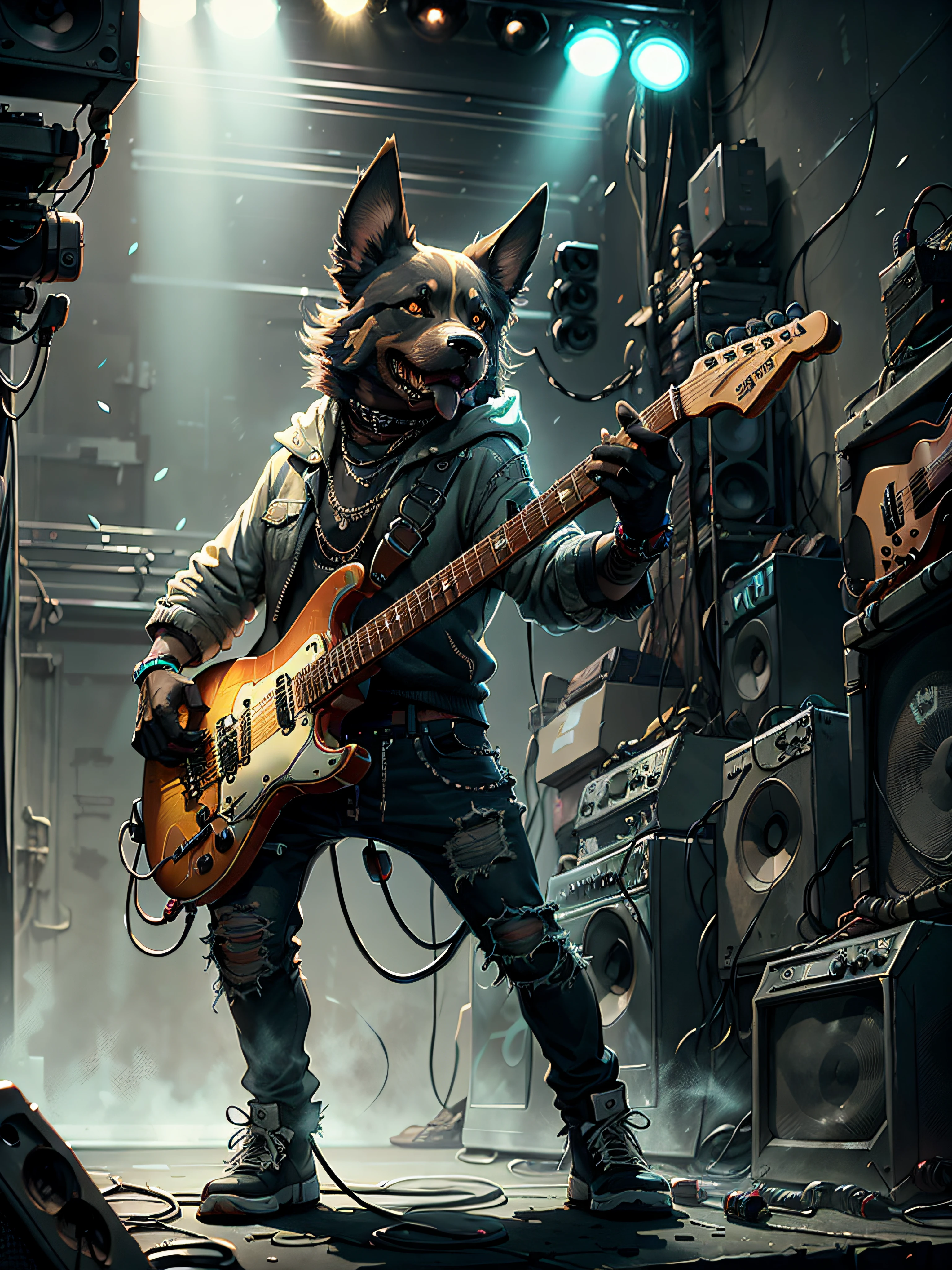 c4tt4stic,Cartoon of a rock singer playing an electric guitar、Chien doberman(Des performances intenses)